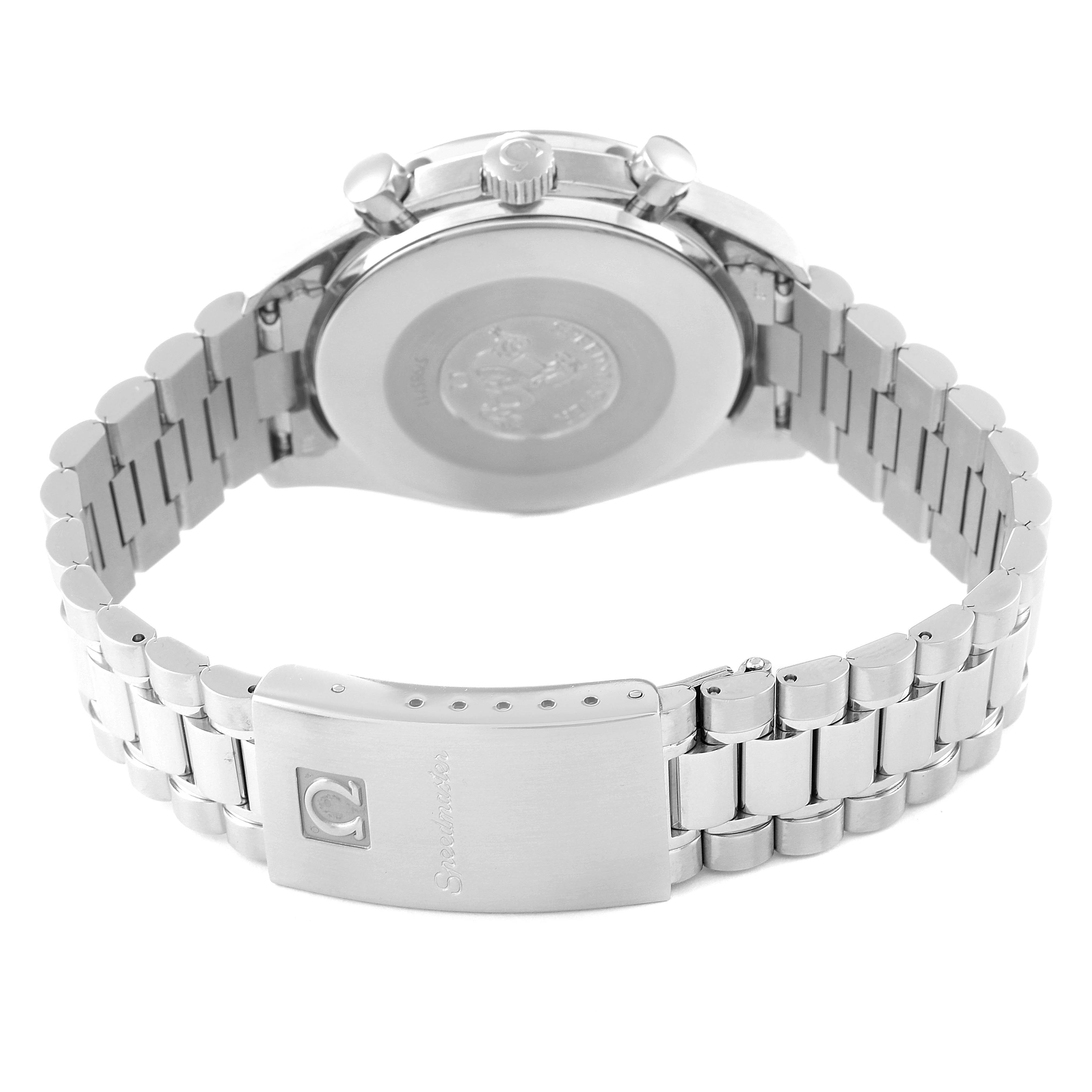 The image shows the back and bracelet clasp of the Omega Speedmaster 3510.50.00 Men
s Stainless Steel Black Dial 3510.50.00 Men
s Stainless Steel Black Dial watch.