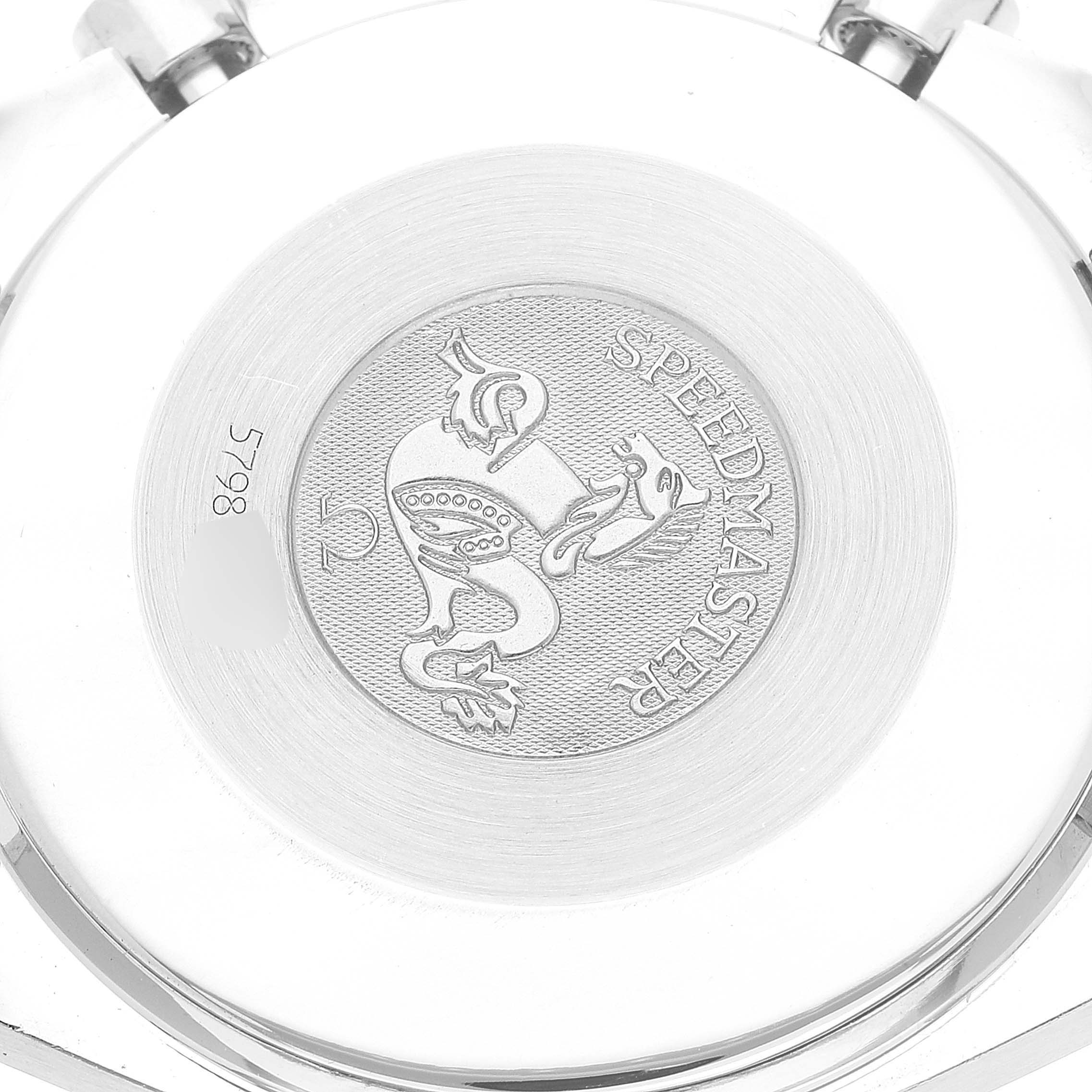 This image shows the case back of an Omega Speedmaster 3510.50.00 Men
s Stainless Steel Black Dial 3510.50.00 Men
s Stainless Steel Black Dial watch, featuring its engraved emblem and the model name.