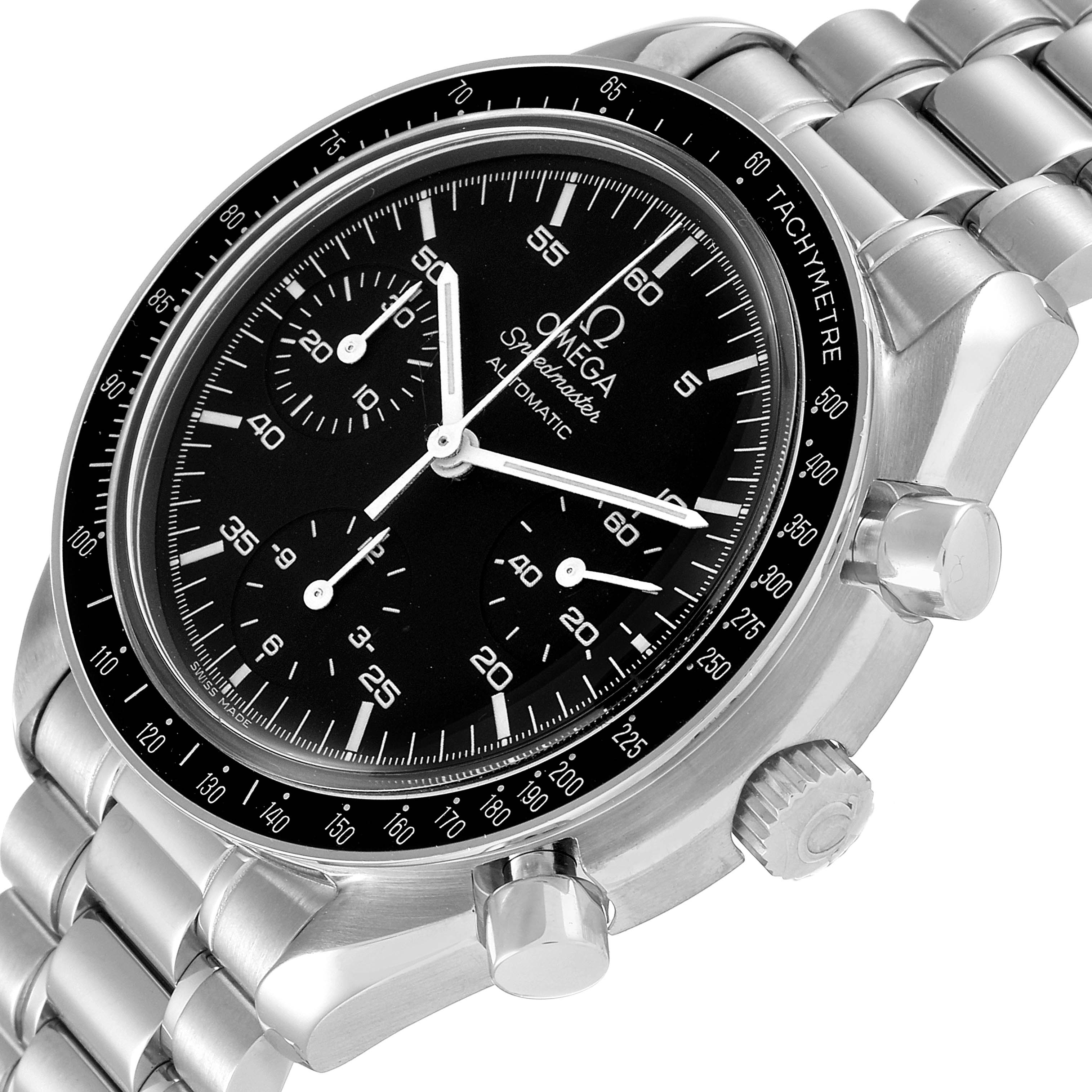 This image shows an Omega Speedmaster 3510.50.00 Men
s Stainless Steel Black Dial 3510.50.00 Men
s Stainless Steel Black Dial watch from a front side angle, highlighting its face, crown, pushers, and bracelet.