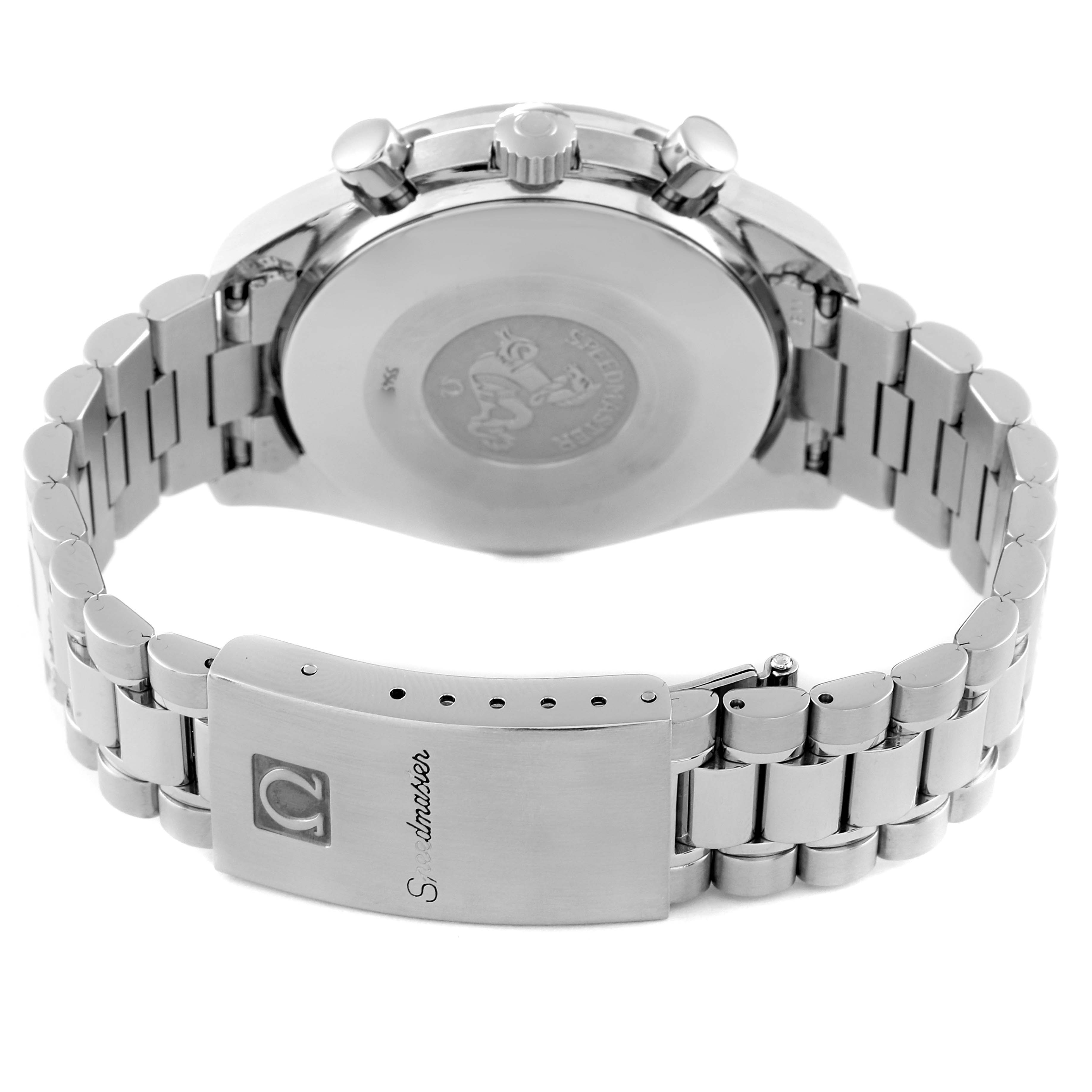 The image shows the back view of the Omega Speedmaster 3510.12.00 Men's Stainless Steel Yellow Dial 3510.12.00 Men's Stainless Steel Yellow Dial watch, featuring the clasp, bracelet, and case back.