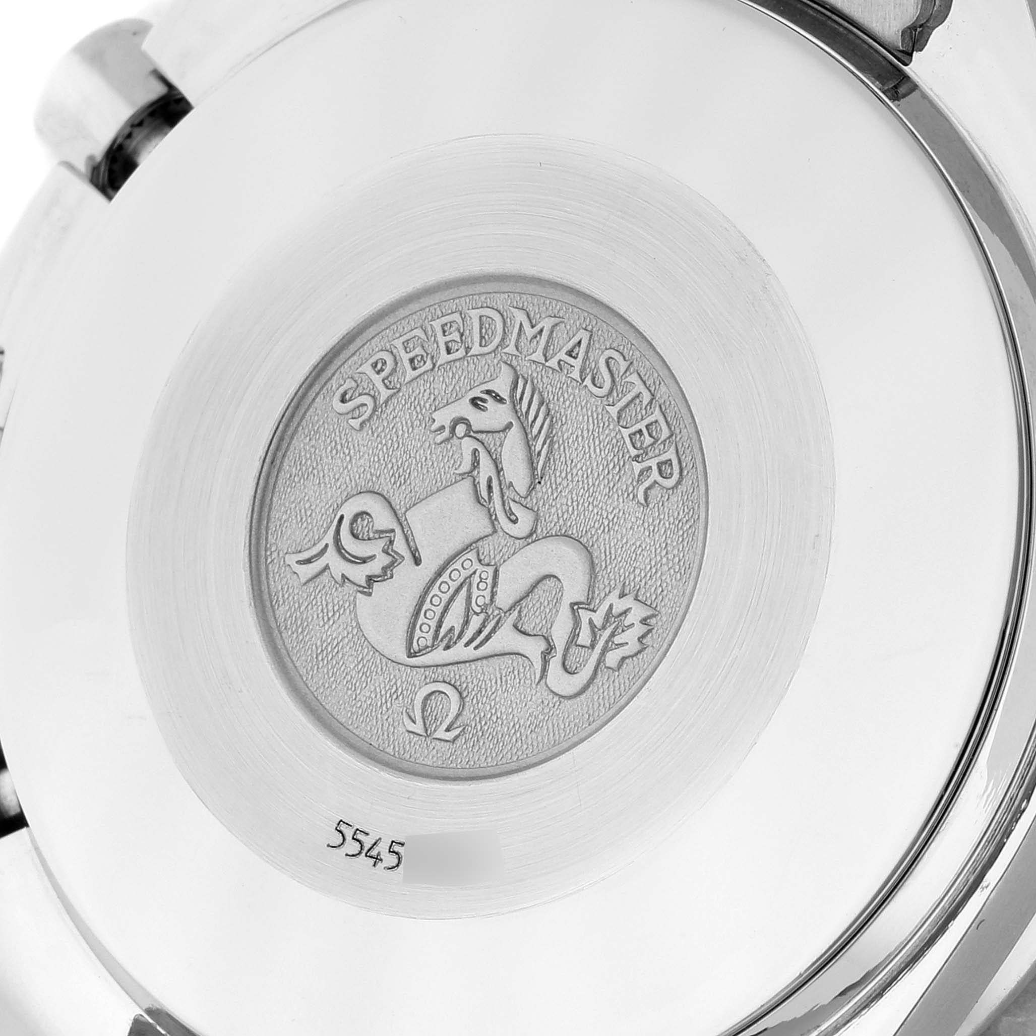 This image shows the engraved case back of the Omega Speedmaster 3510.12.00 Men's Stainless Steel Yellow Dial 3510.12.00 Men's Stainless Steel Yellow Dial watch.