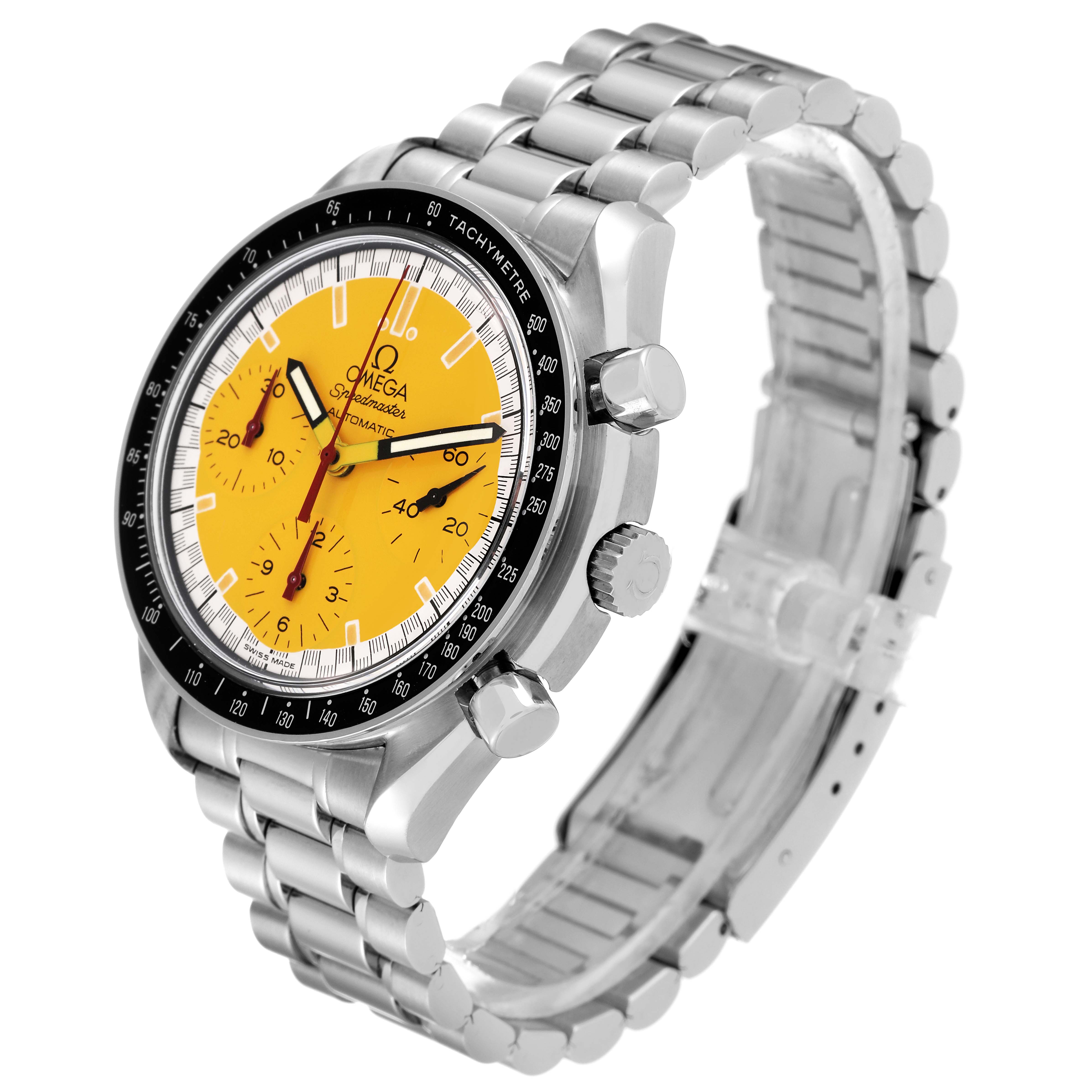 The image shows an Omega Speedmaster 3510.12.00 Men's Stainless Steel Yellow Dial 3510.12.00 Men's Stainless Steel Yellow Dial watch at an angled view, highlighting its yellow face, tachymeter bezel, and metal bracelet.