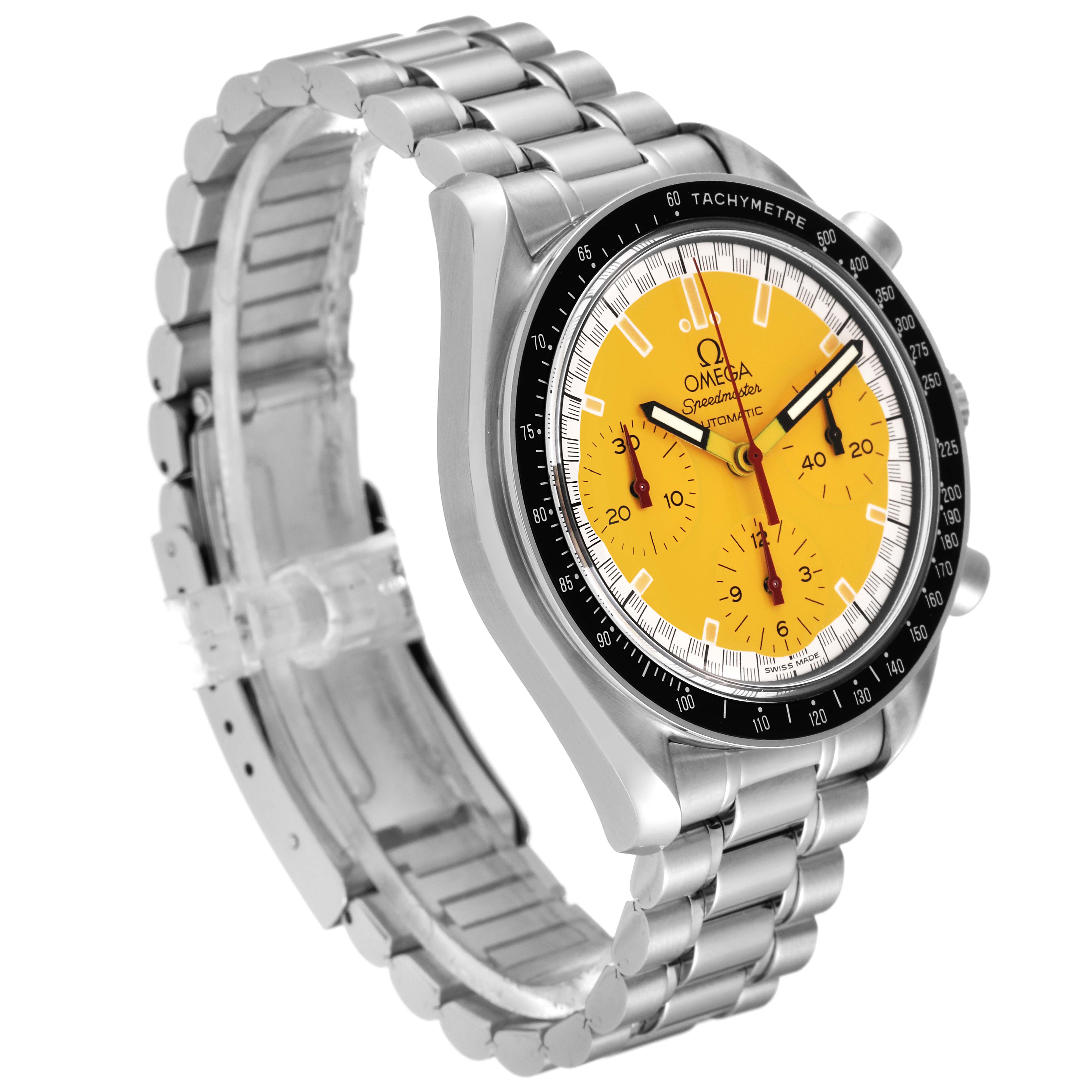 The image shows an Omega Speedmaster 3510.12.00 Men's Stainless Steel Yellow Dial 3510.12.00 Men's Stainless Steel Yellow Dial watch at an angled side view, highlighting its yellow dial, tachymeter bezel, and stainless steel bracelet.