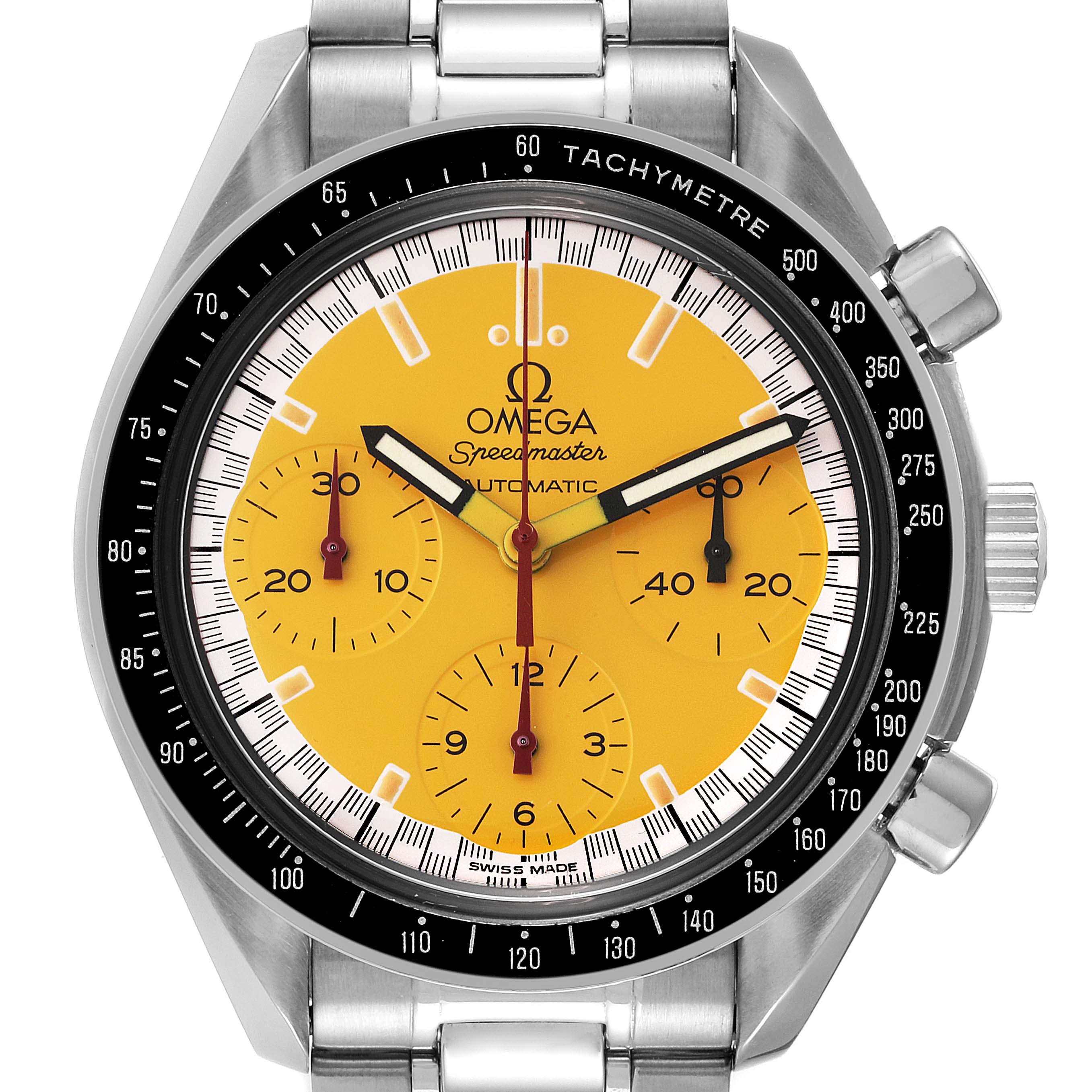 The image shows a frontal view of the Omega Speedmaster 3510.12.00 Men's Stainless Steel Yellow Dial 3510.12.00 Men's Stainless Steel Yellow Dial, highlighting the dial and chronograph functions.