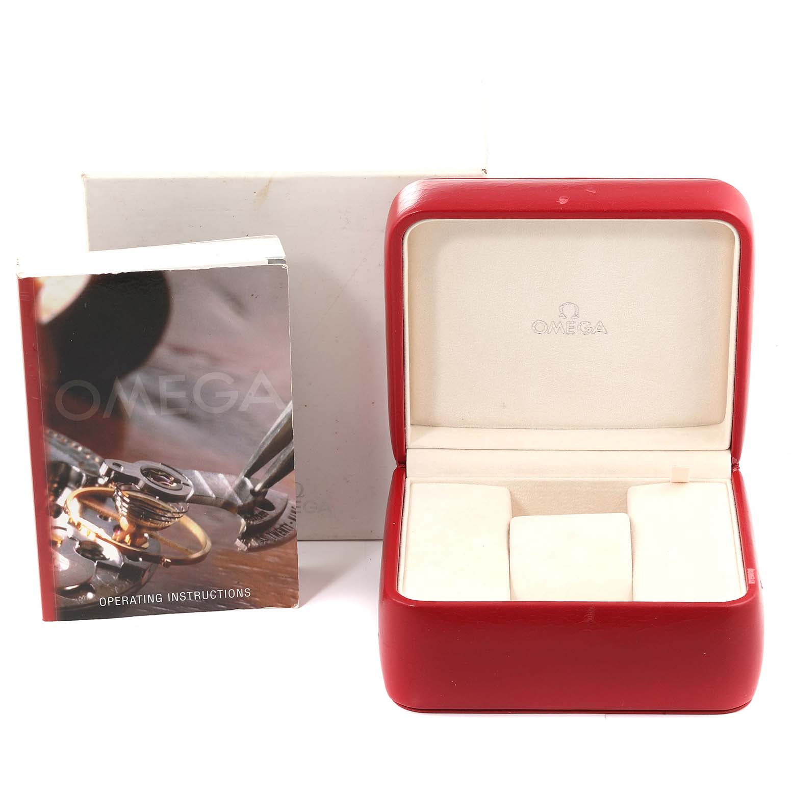 The image shows the operating instructions manual alongside an empty Omega Speedmaster 3510.12.00 Men's Stainless Steel Yellow Dial 3510.12.00 Men's Stainless Steel Yellow Dial watch box with its lid open.