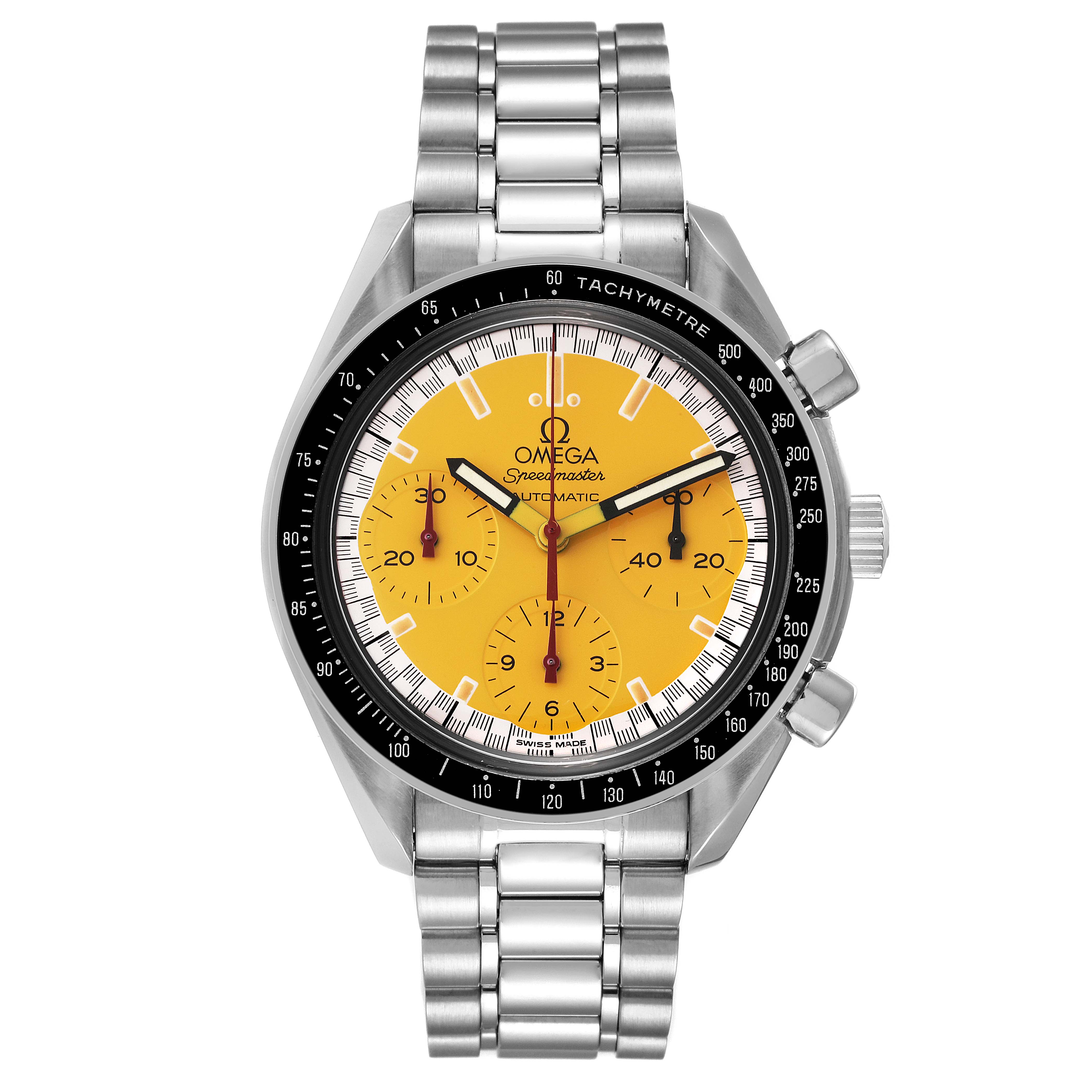 The image shows a front view of an Omega Speedmaster 3510.12.00 Men's Stainless Steel Yellow Dial 3510.12.00 Men's Stainless Steel Yellow Dial watch, highlighting its dial, bezel, and bracelet.