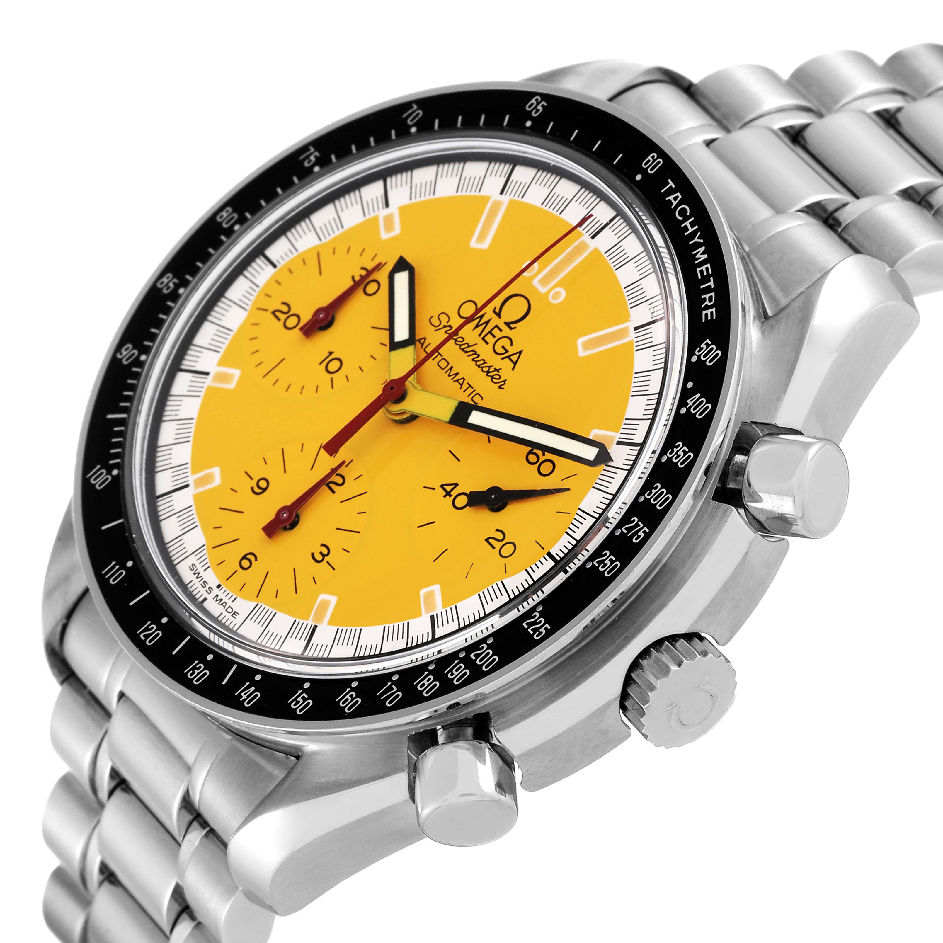 The image shows an angled view of the Omega Speedmaster 3510.12.00 Men's Stainless Steel Yellow Dial 3510.12.00 Men's Stainless Steel Yellow Dial watch, highlighting the yellow dial, chronograph sub-dials, and stainless steel bracelet.
