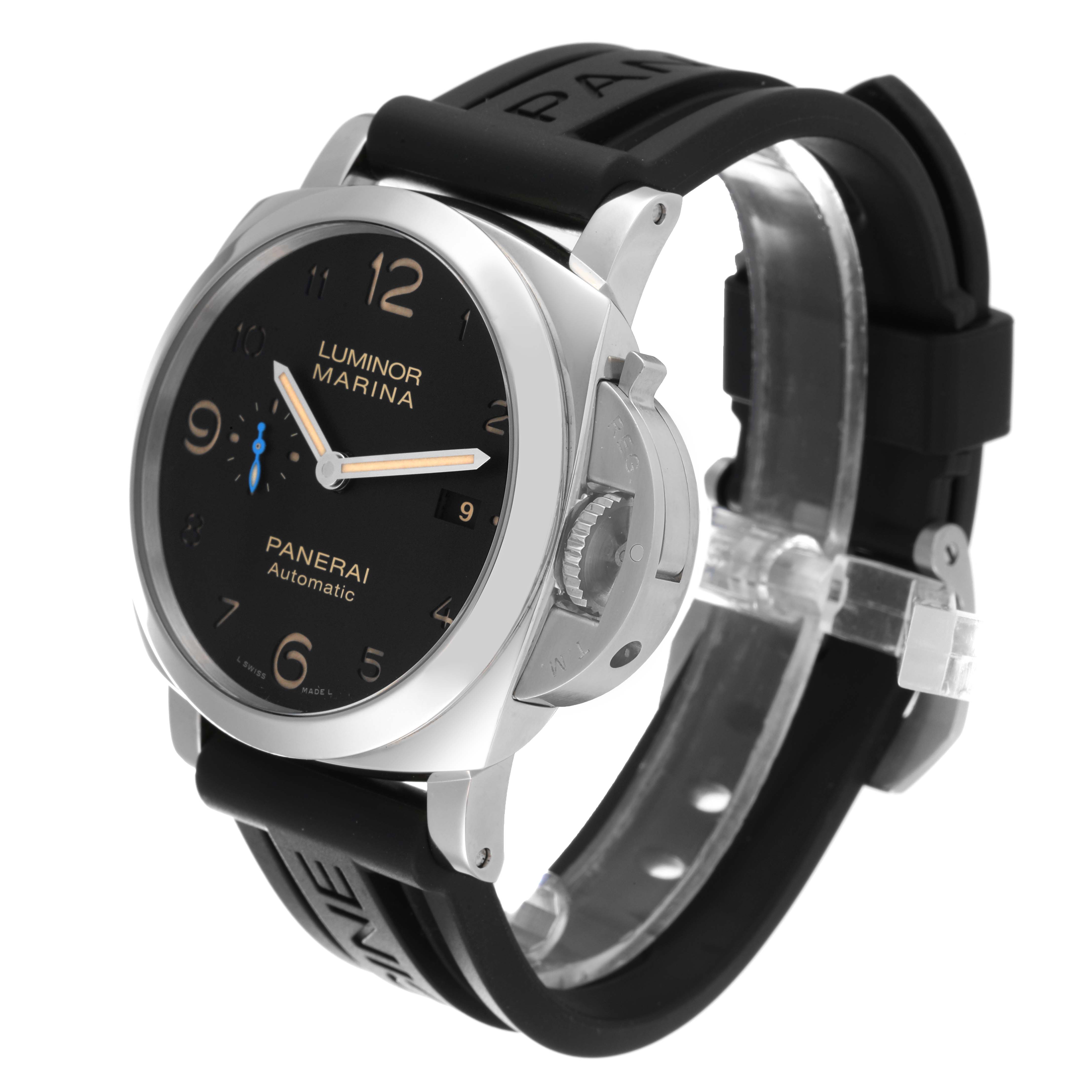 The image shows a Panerai Luminor PAM01359 Men's Stainless Steel Black Dial PAM01359 Men's Stainless Steel Black Dial watch from a 3/4 front angle, highlighting the face, case, crown guard, and rubber strap.