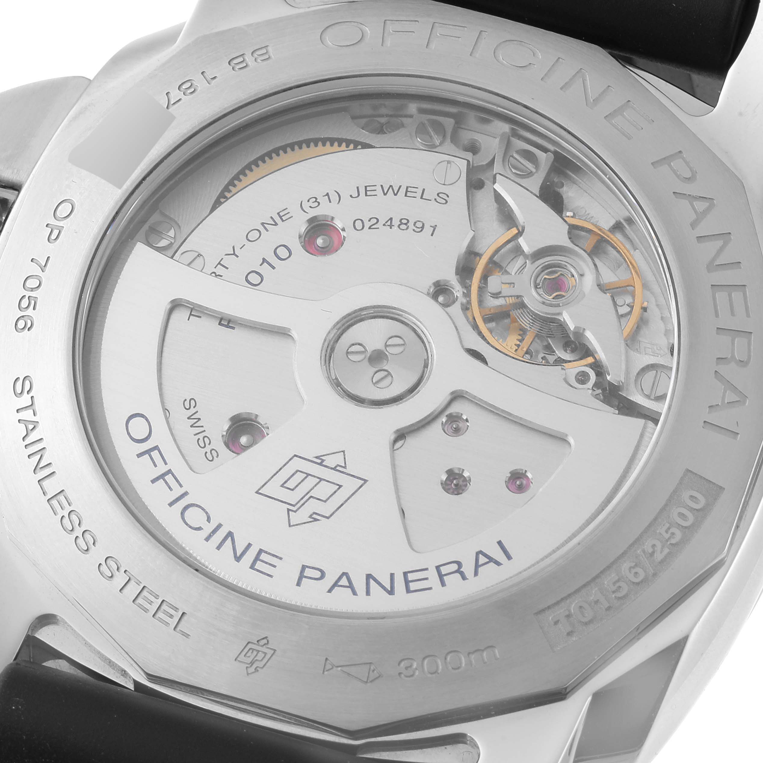 This close-up image shows the case back of the Panerai Luminor PAM01359 Men's Stainless Steel Black Dial PAM01359 Men's Stainless Steel Black Dial watch, revealing its internal mechanical movement.