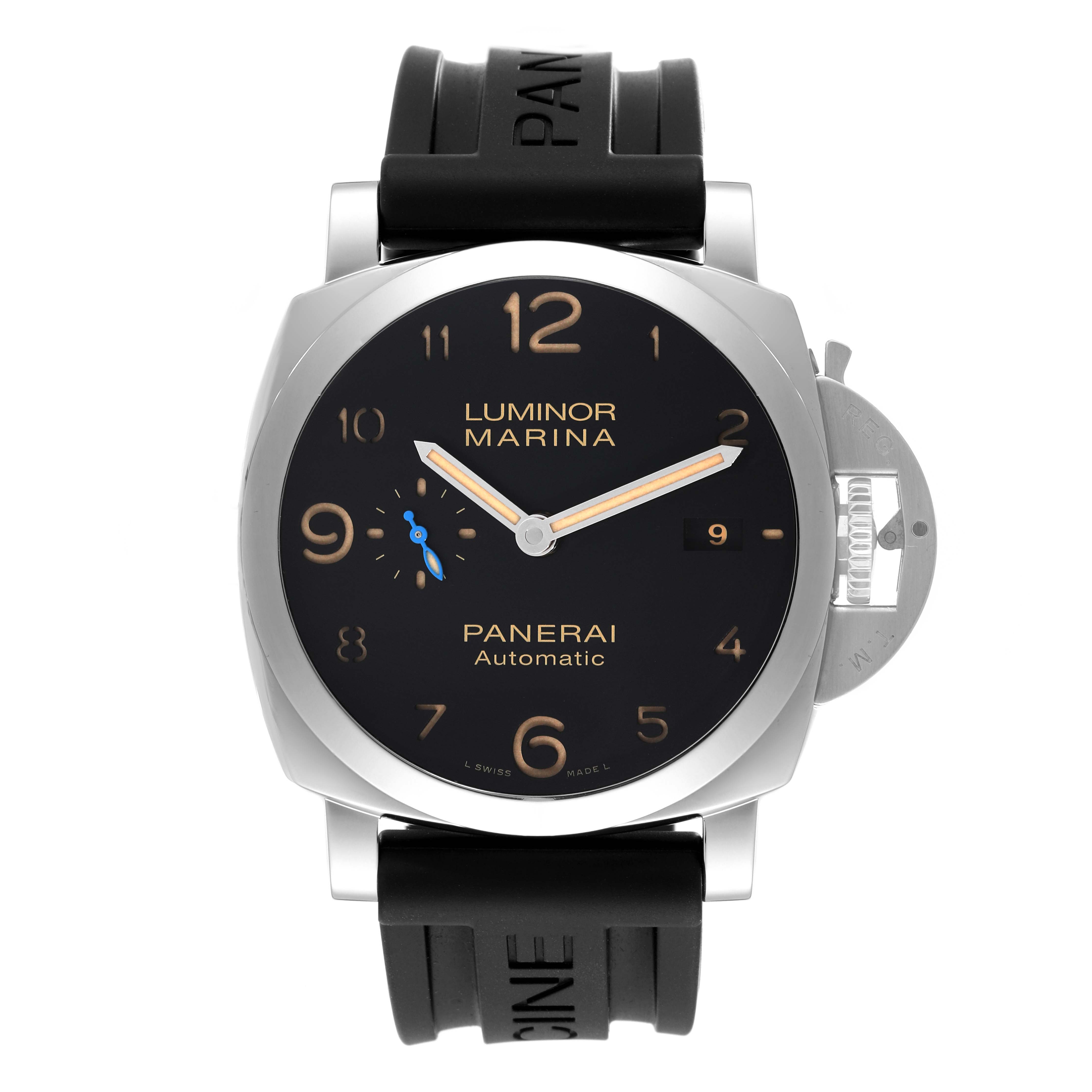 The image shows a front view of the Panerai Luminor PAM01359 Men's Stainless Steel Black Dial PAM01359 Men's Stainless Steel Black Dial Marina watch, highlighting the dial, case, and strap.
