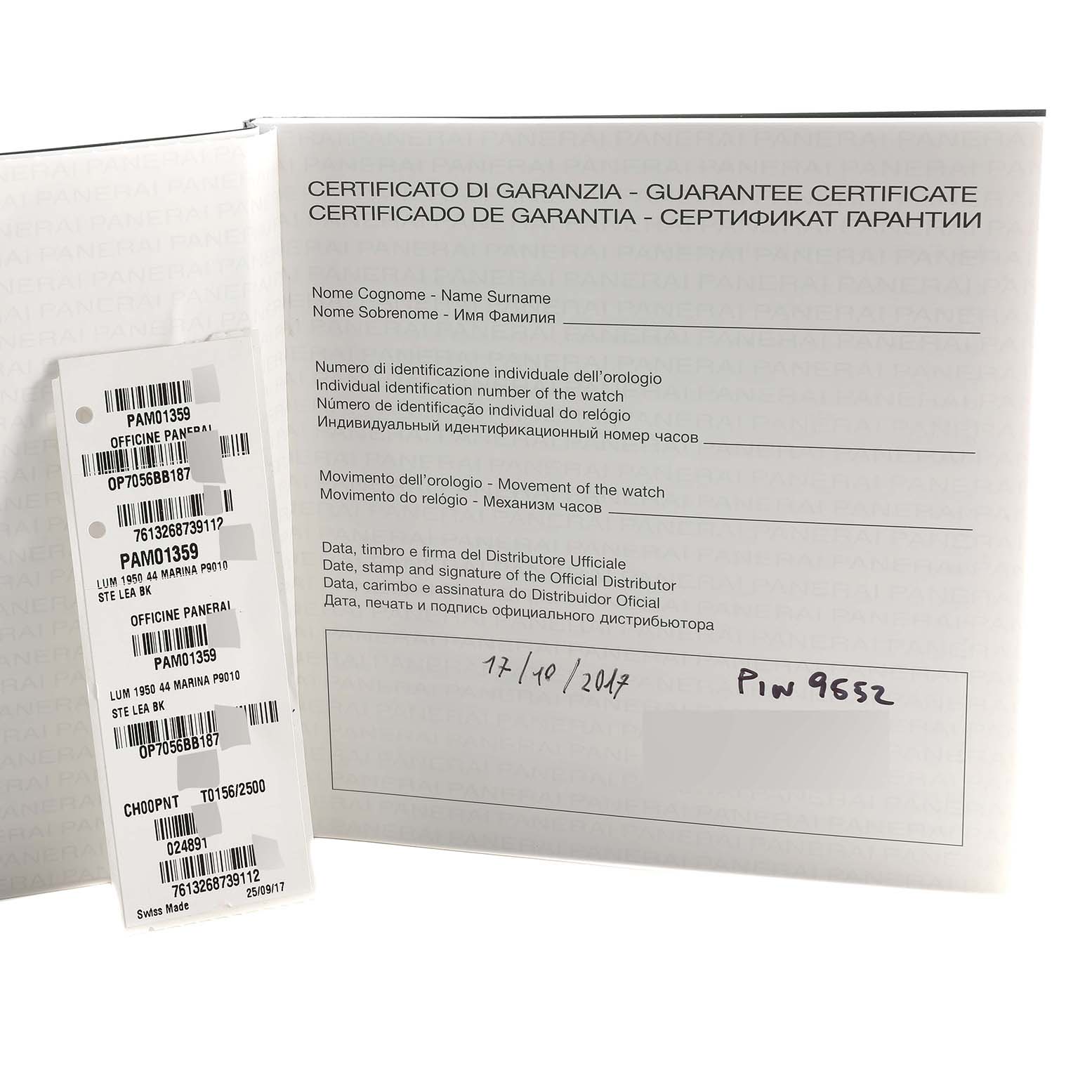 The image shows the guarantee certificate booklet and tags for the Panerai Luminor PAM01359 Men's Stainless Steel Black Dial PAM01359 Men's Stainless Steel Black Dial watch model PAM01359.