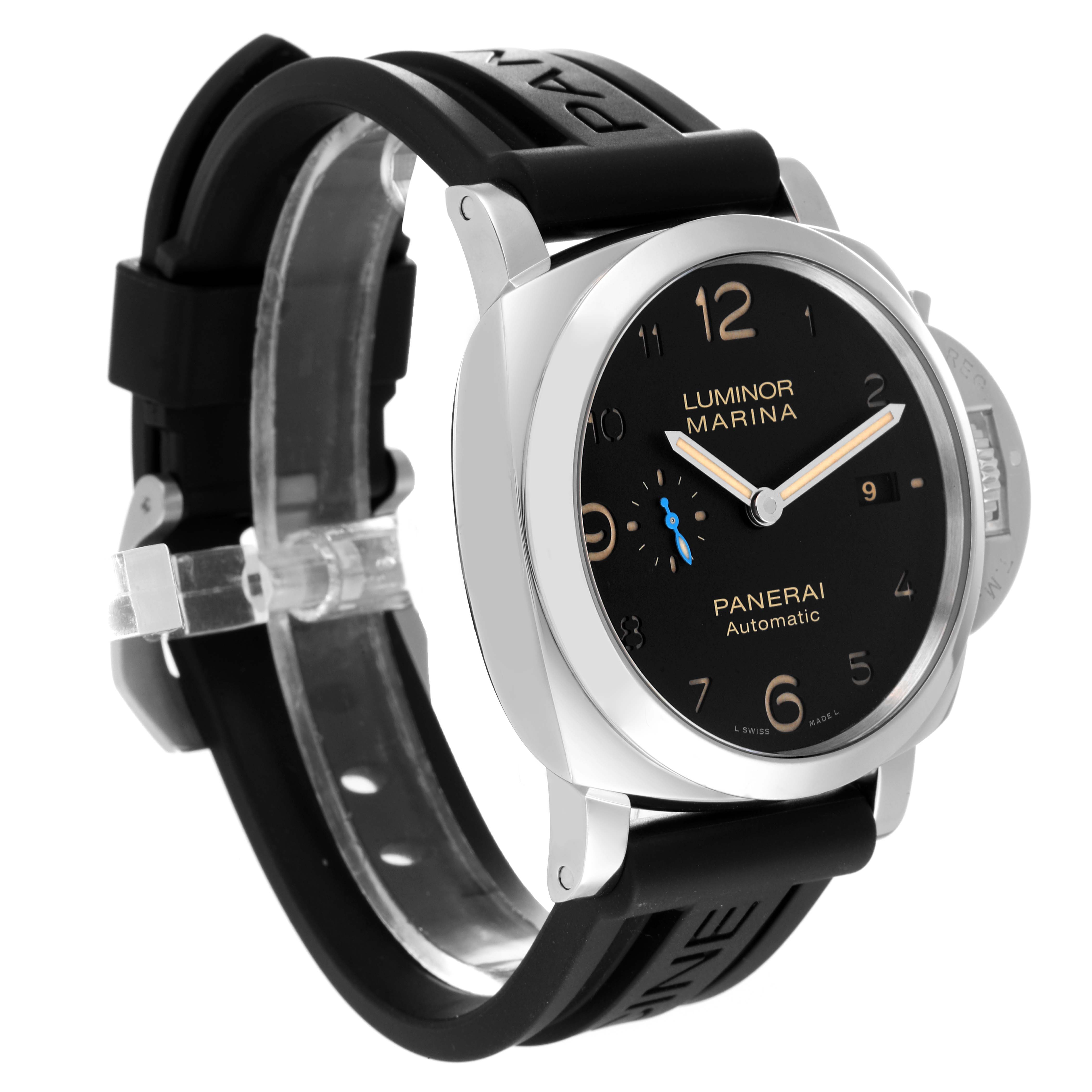 The image shows a Panerai Luminor PAM01359 Men's Stainless Steel Black Dial PAM01359 Men's Stainless Steel Black Dial watch at a slight angle, displaying its face, strap, and crown guard.
