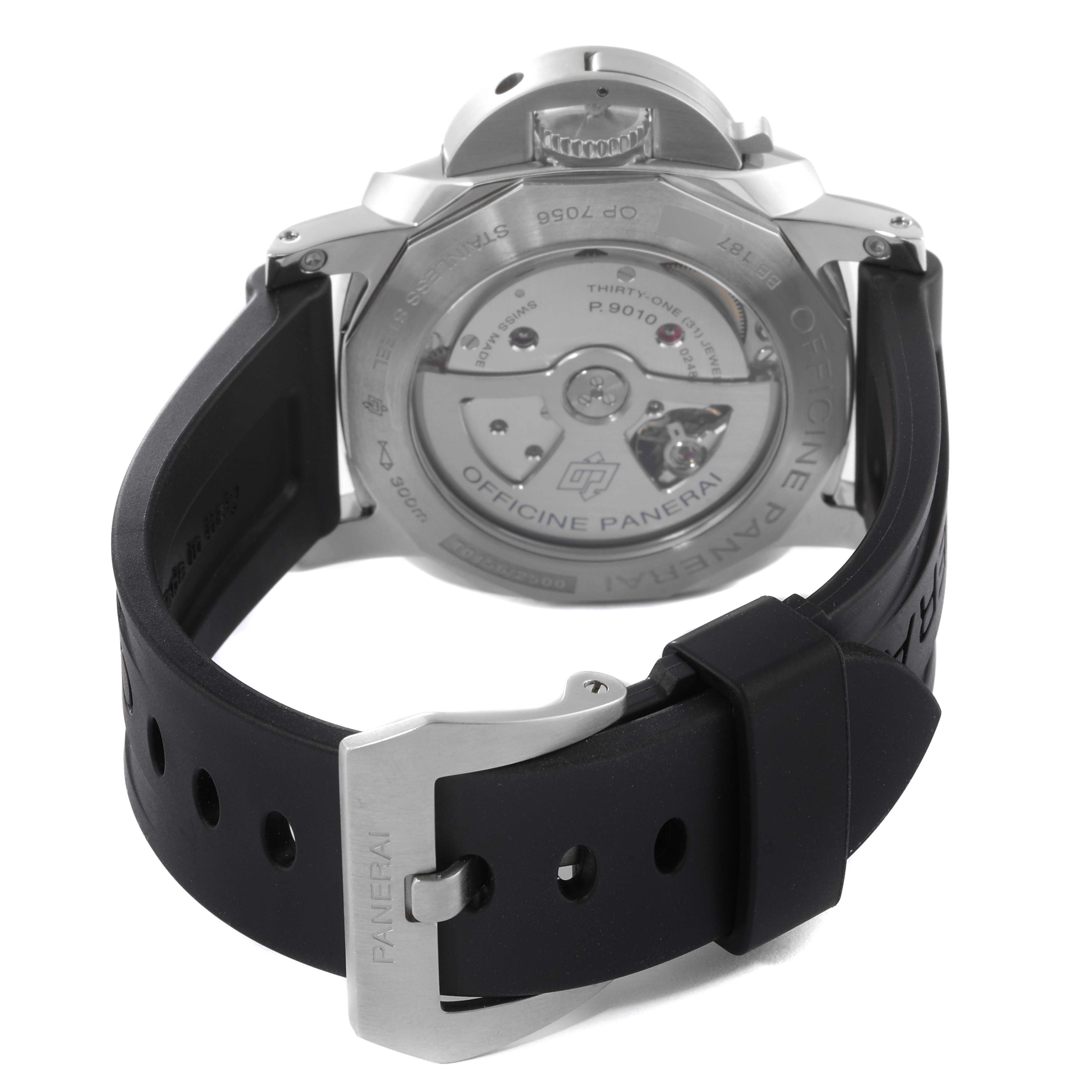 This image shows the back view of the Panerai Luminor PAM01359 Men's Stainless Steel Black Dial PAM01359 Men's Stainless Steel Black Dial watch, highlighting the watch movement and the black rubber strap with a Panerai-engraved buckle.