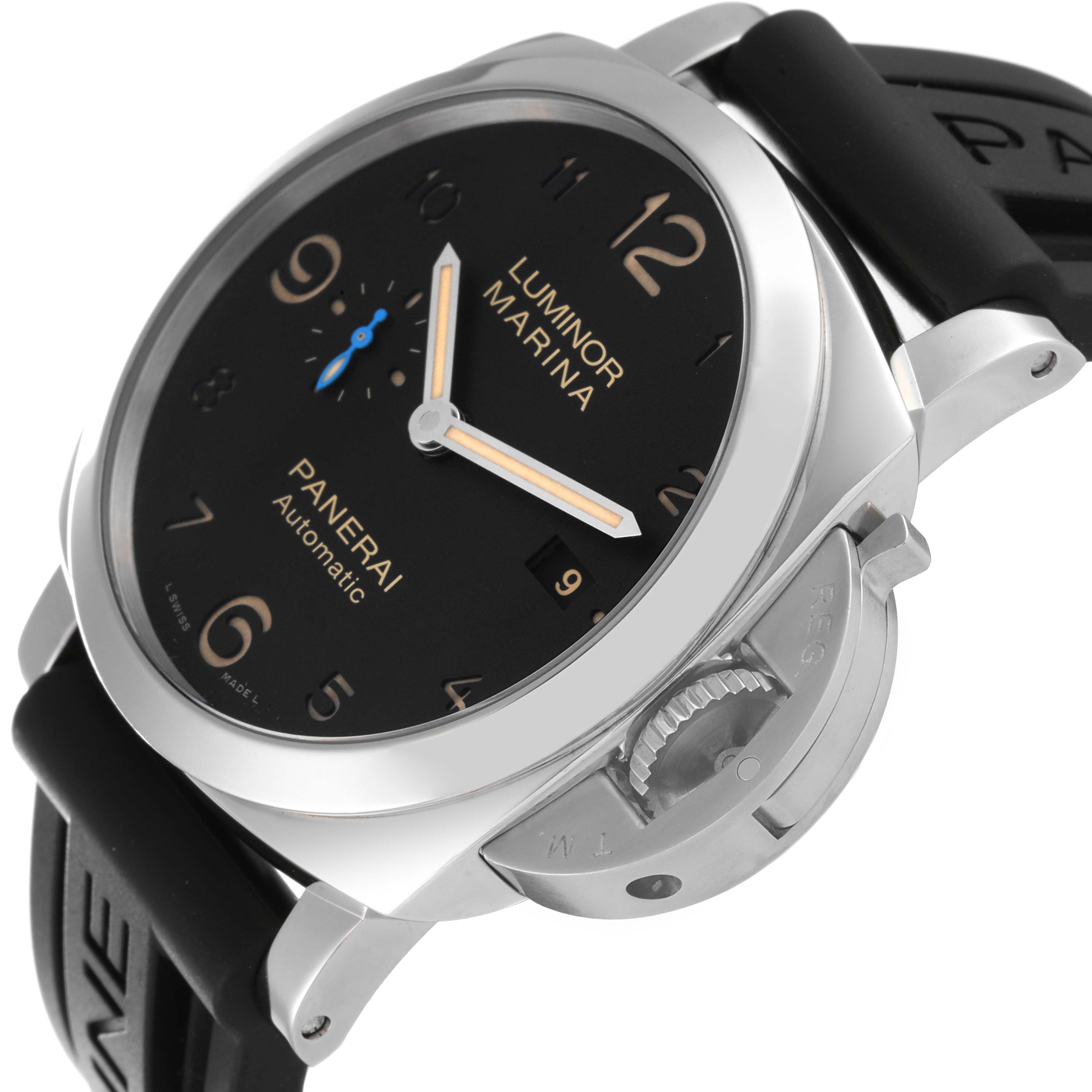 The image shows a Panerai Luminor PAM01359 Men's Stainless Steel Black Dial PAM01359 Men's Stainless Steel Black Dial watch at an angled view, highlighting the dial, bezel, case, and crown guard.