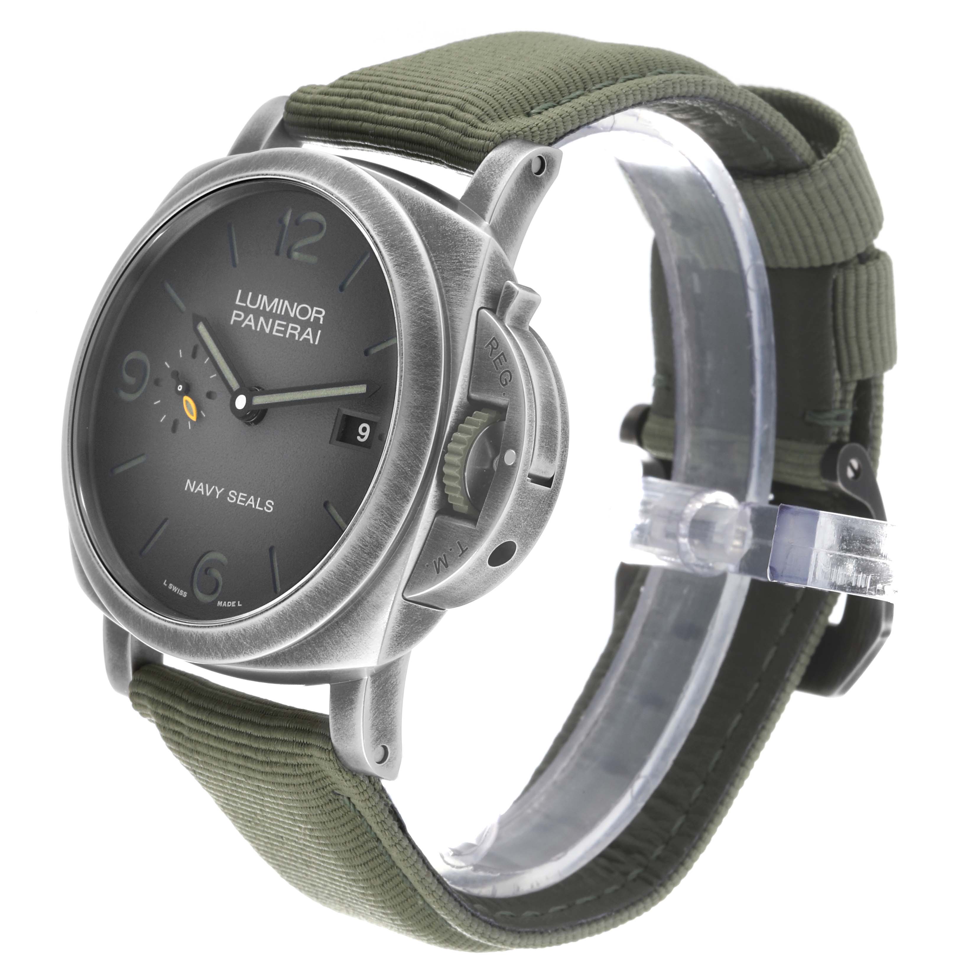 This image shows a side angle of a Panerai Luminor PAM01412 Men's Stainless Steel Grey Dial PAM01412 Men's Stainless Steel Grey Dial model watch, displaying the face, crown guard, and green strap.