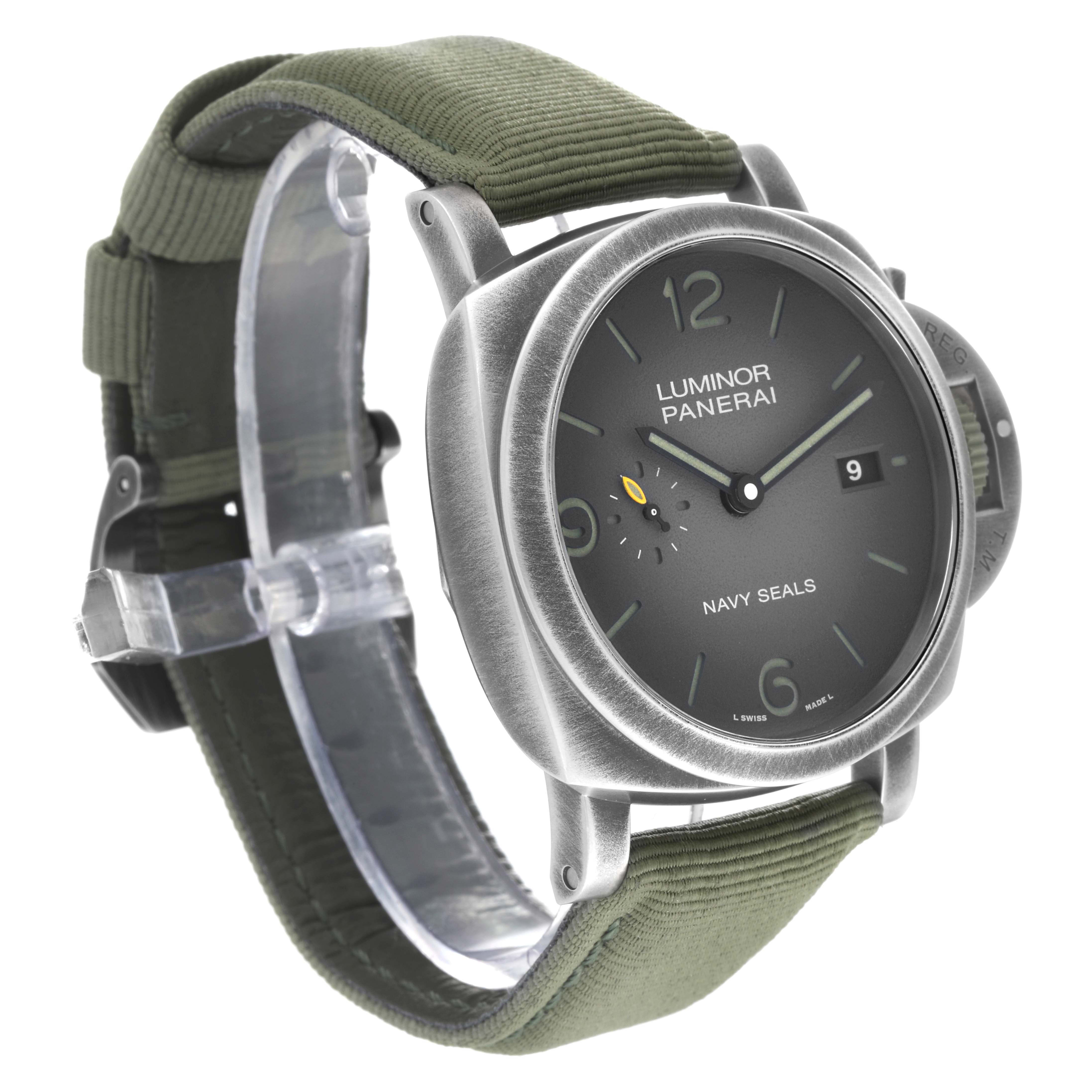 The image shows a Panerai Luminor PAM01412 Men's Stainless Steel Grey Dial PAM01412 Men's Stainless Steel Grey Dial watch at a three-quarter angle, displaying the face, strap, and crown guard.