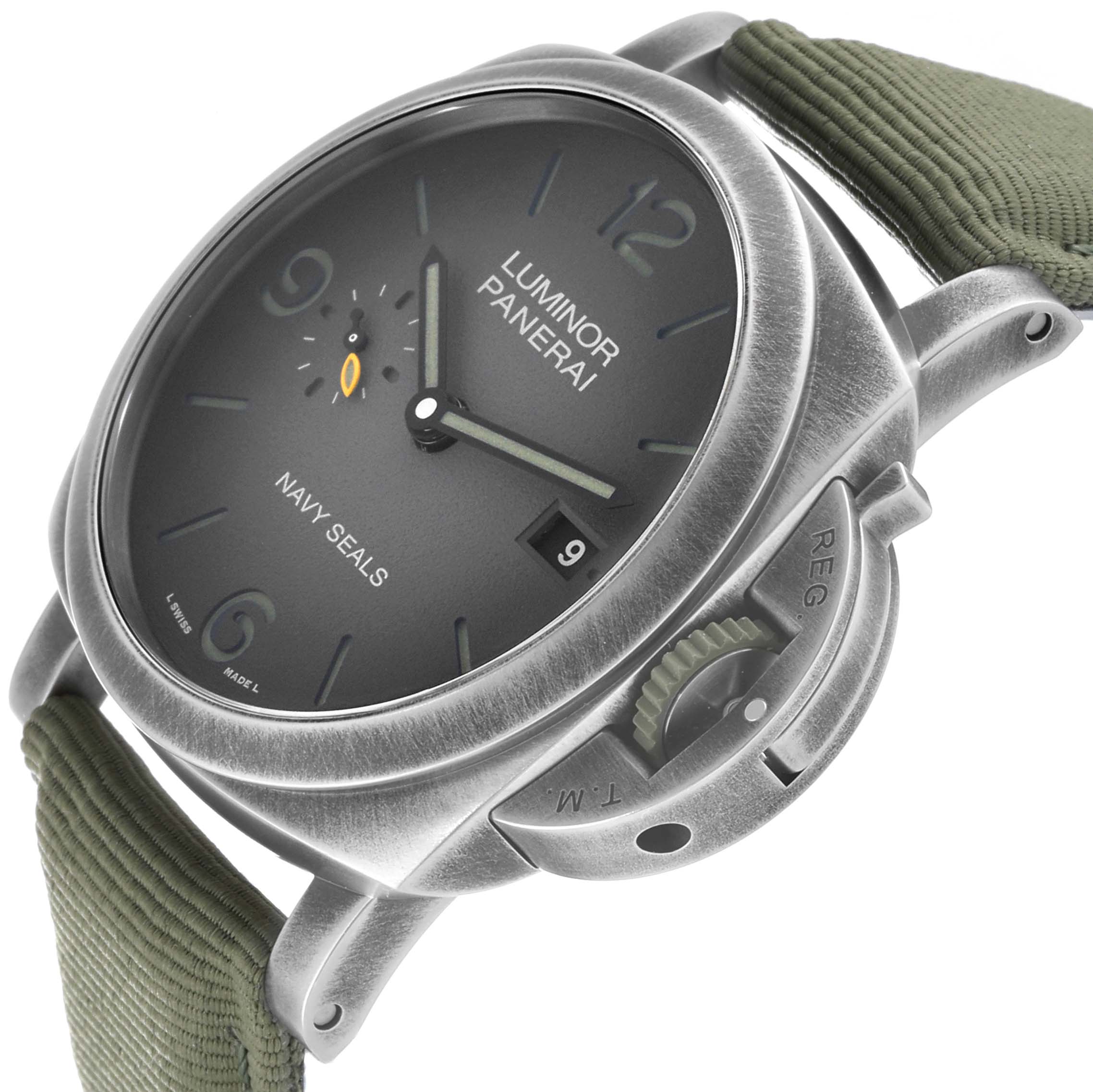 This image shows a Panerai Luminor PAM01412 Men's Stainless Steel Grey Dial PAM01412 Men's Stainless Steel Grey Dial watch at a slight angle, highlighting the dial, bezel, crown guard, and olive green strap.