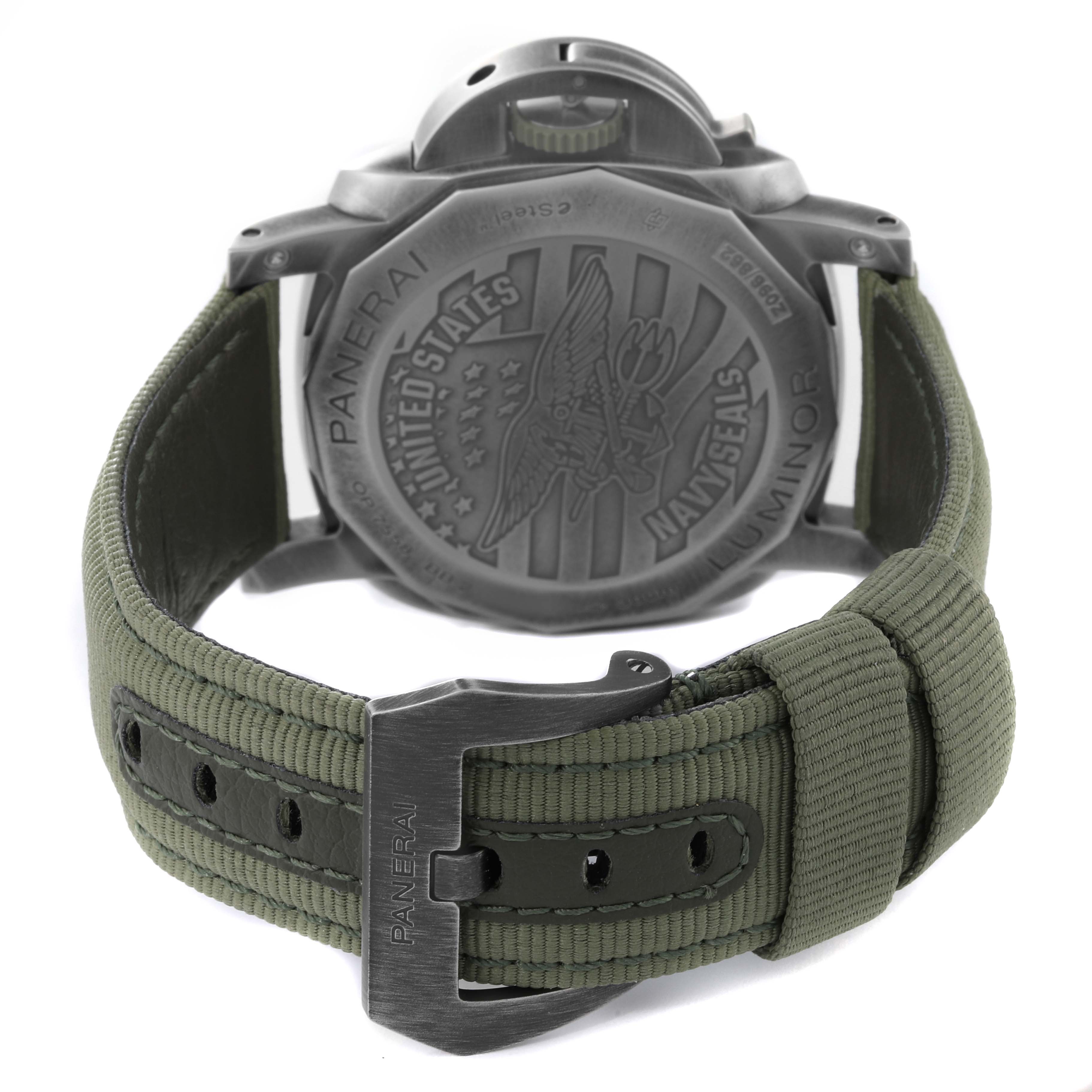 The image shows the back view of a Panerai Luminor PAM01412 Men's Stainless Steel Grey Dial PAM01412 Men's Stainless Steel Grey Dial watch, highlighting the engraved case back and green fabric strap with buckle.