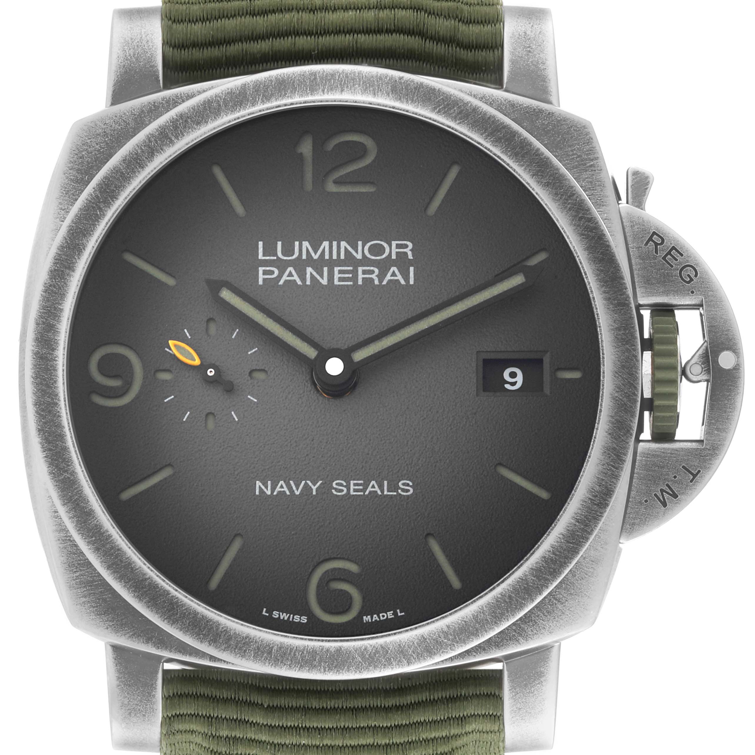 The image shows a Panerai Luminor PAM01412 Men's Stainless Steel Grey Dial PAM01412 Men's Stainless Steel Grey Dial Navy Seals watch front view, focusing on its dial, case, and strap.