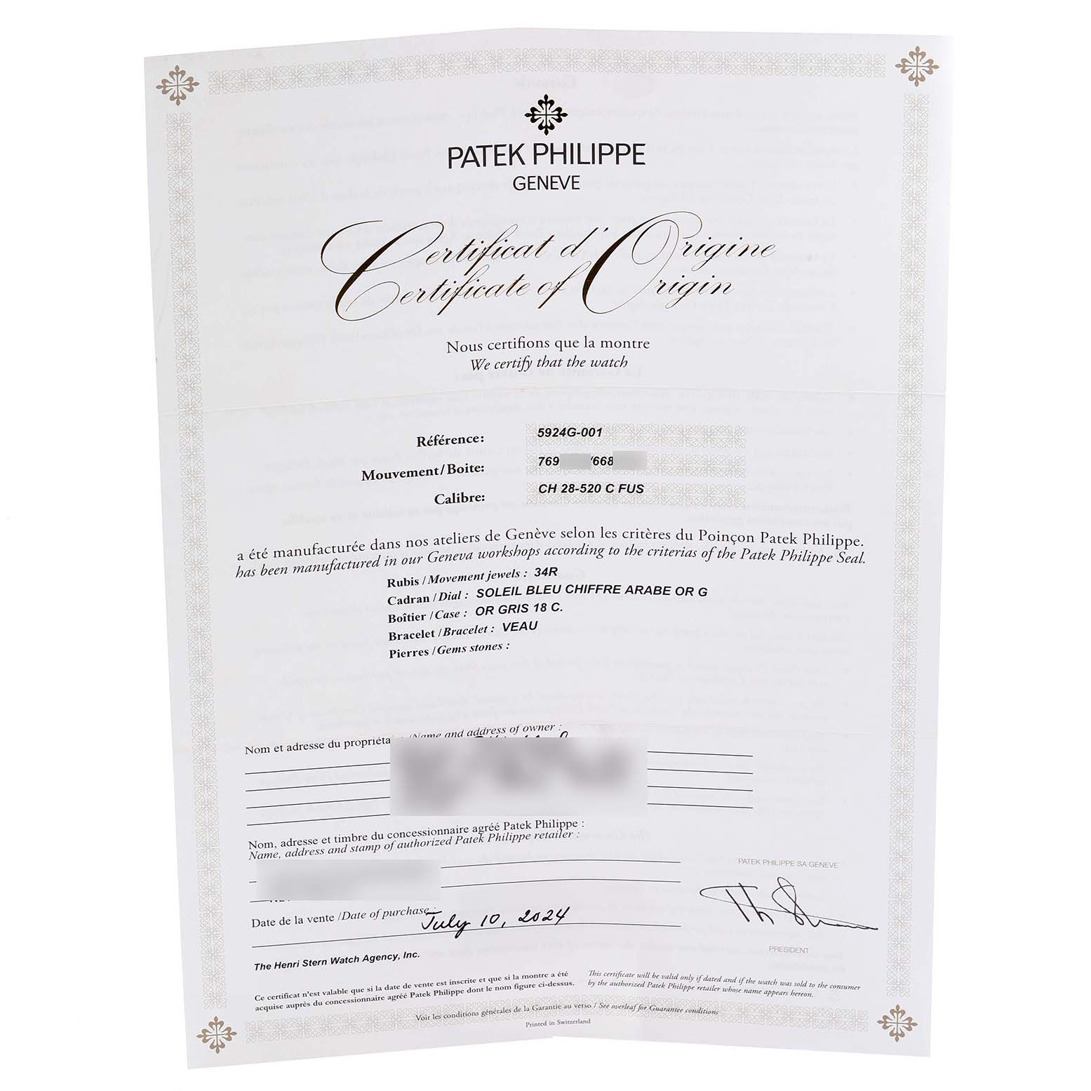 This image shows a Certificate of Origin for a Patek Philippe Calatrava 5924G-001 Men
s White Gold Blue Dial, with information about the model and purchase details.