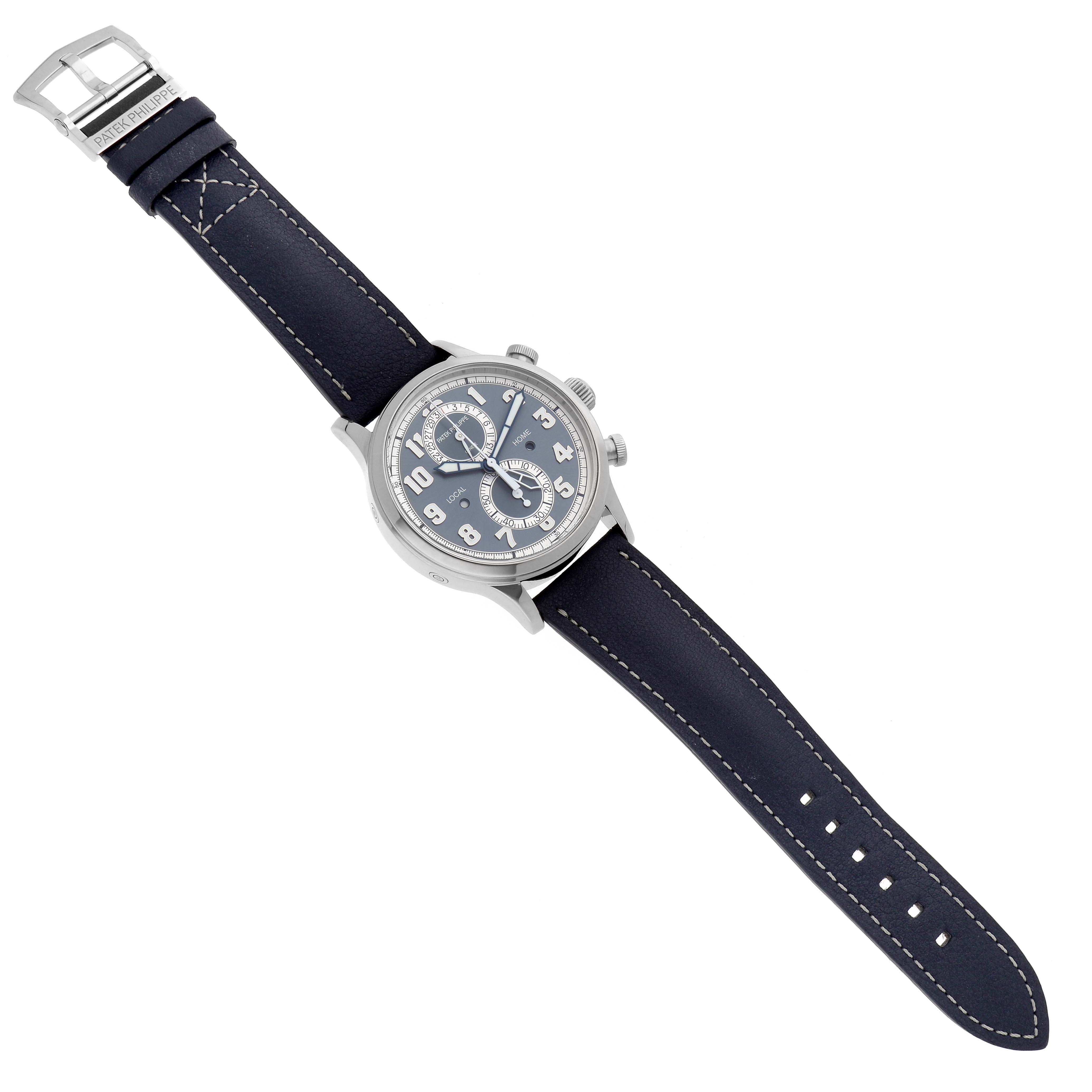 The Patek Philippe Calatrava 5924G-001 Men
s White Gold Blue Dial watch is shown from a top-down angle, displaying the face, case, and full leather strap.