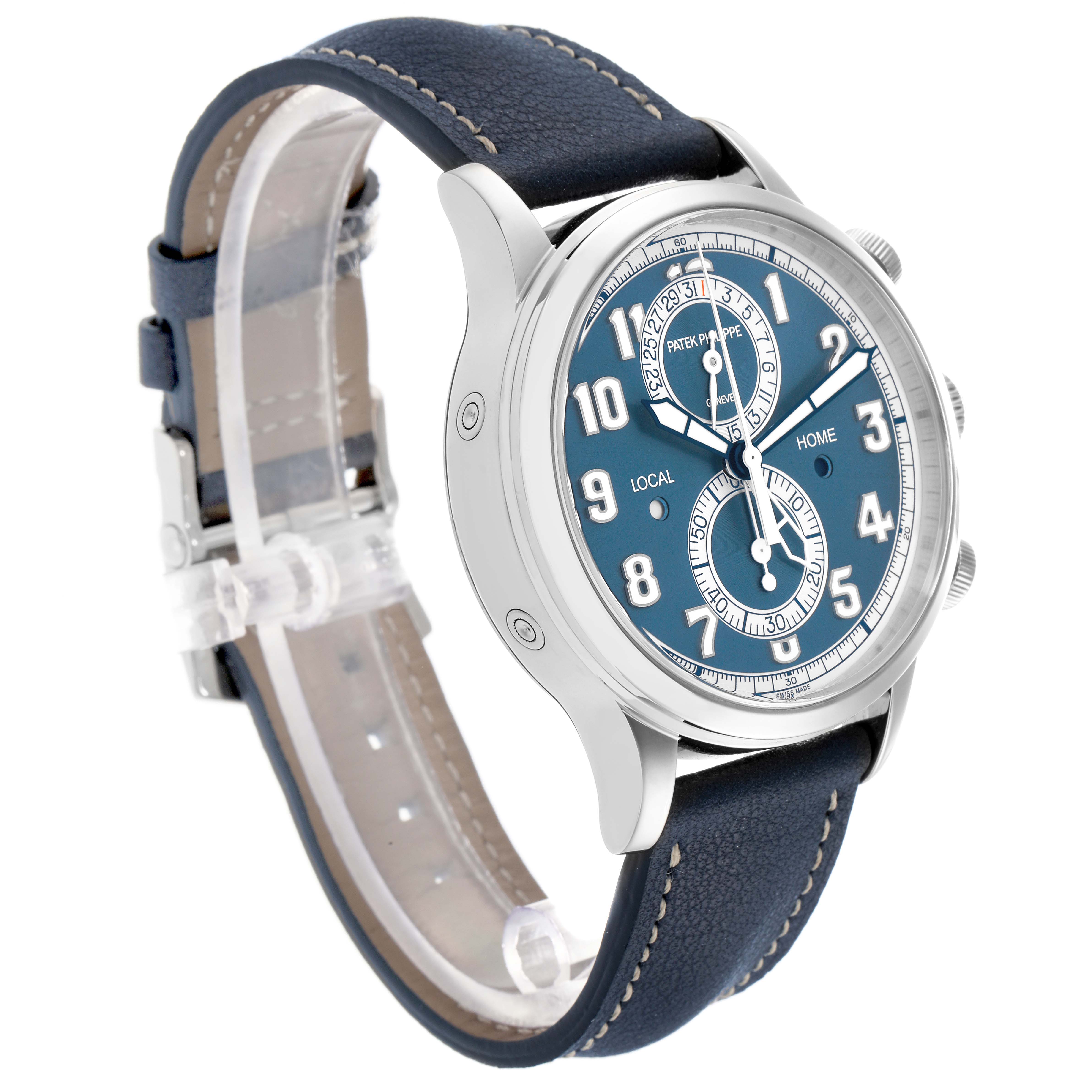 The Patek Philippe Calatrava 5924G-001 Men
s White Gold Blue Dial watch is shown at a three-quarter angle, highlighting the blue dial and leather strap.