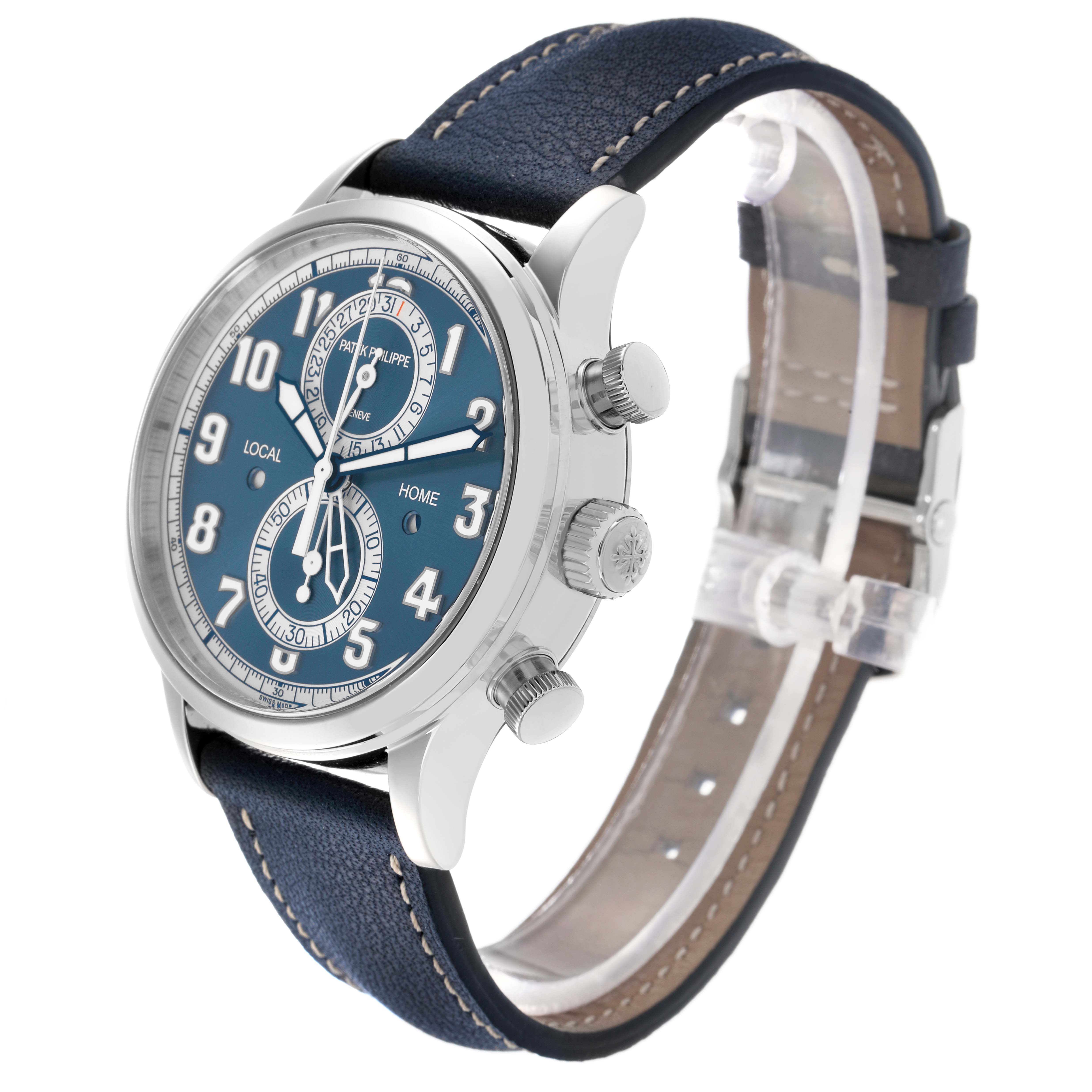 The image shows a Patek Philippe Calatrava 5924G-001 Men
s White Gold Blue Dial watch at a three-quarter angle, highlighting the dial, case, crown, and blue leather strap.