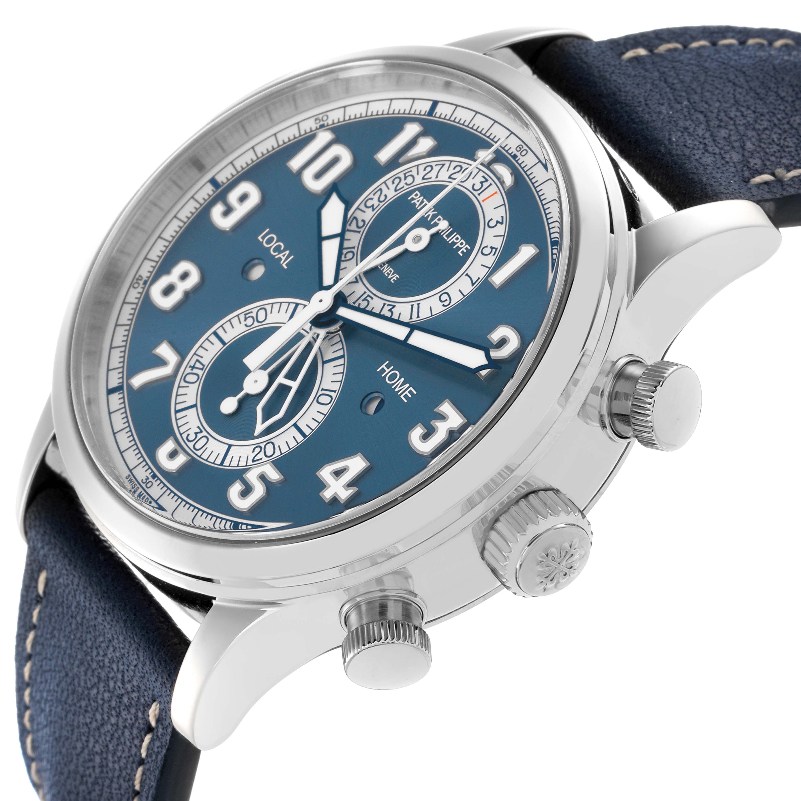 The image shows a side angle of the Patek Philippe Calatrava 5924G-001 Men
s White Gold Blue Dial watch, highlighting its crown, pushers, and blue dial with numerals.