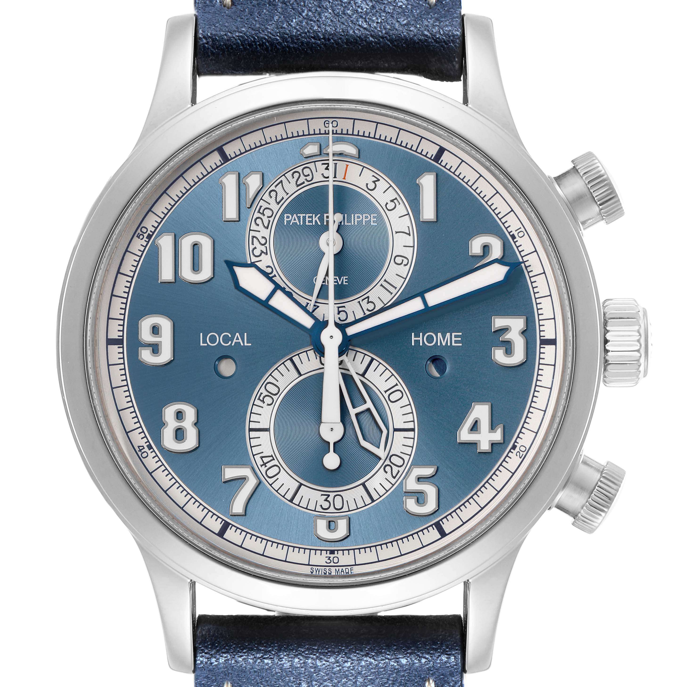 The image shows a front view of the Patek Philippe Calatrava 5924G-001 Men
s White Gold Blue Dial, highlighting its blue dial and chronograph features.