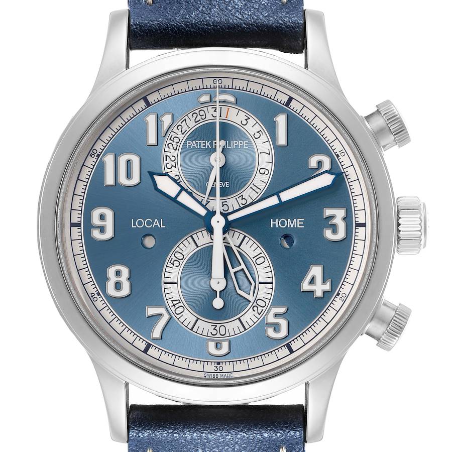 The image shows a front view of the Patek Philippe Calatrava model 5924G-001, highlighting the blue dial, markings, subdials, and watch crown with a leather strap.