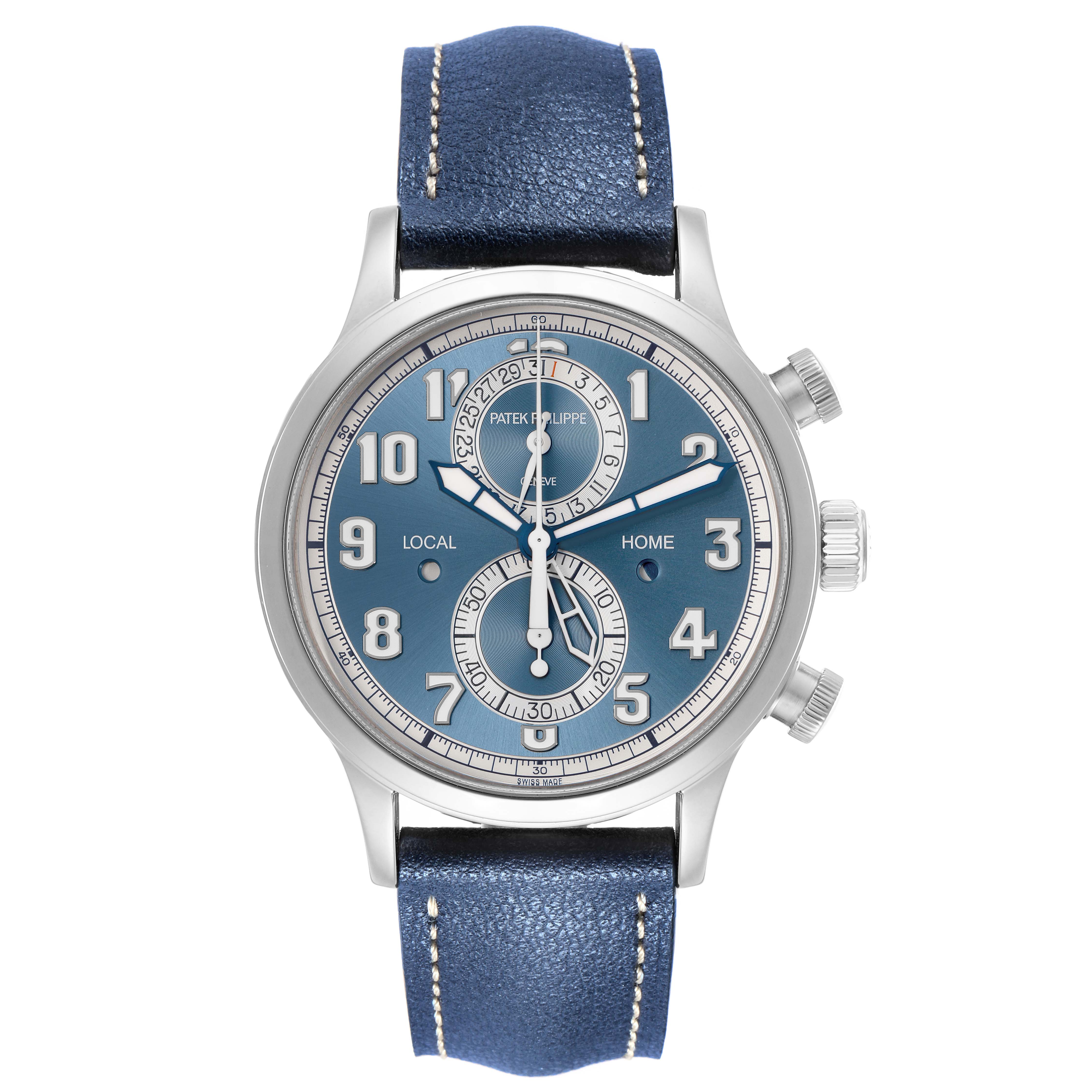 The Patek Philippe Calatrava 5924G-001 Men
s White Gold Blue Dial watch is shown from a direct front angle, displaying its blue dial, numerals, and leather strap clearly.