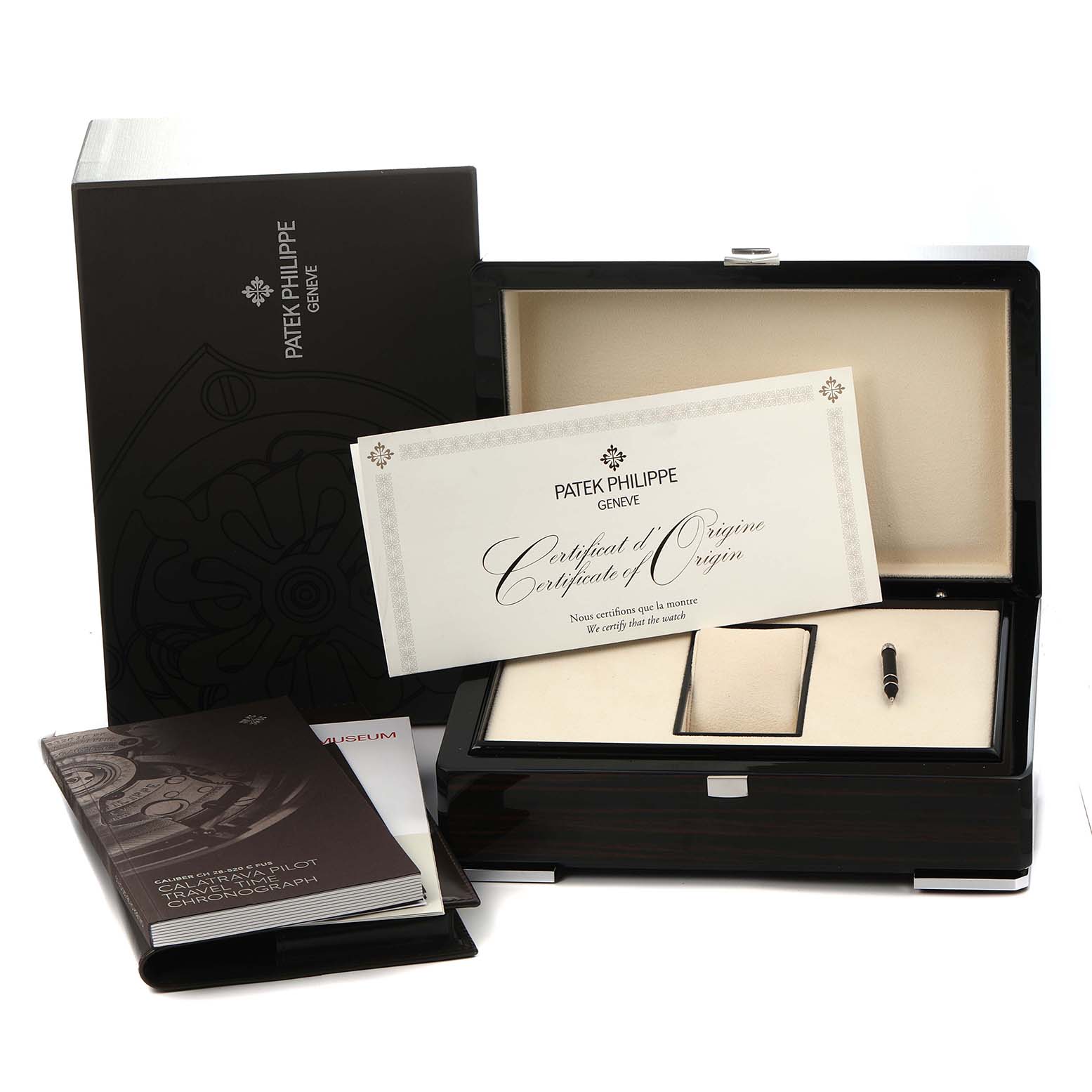 The image shows a Patek Philippe Calatrava 5924G-001 Men
s White Gold Blue Dial watch box, certificate, and accompanying booklets from a frontal angle.