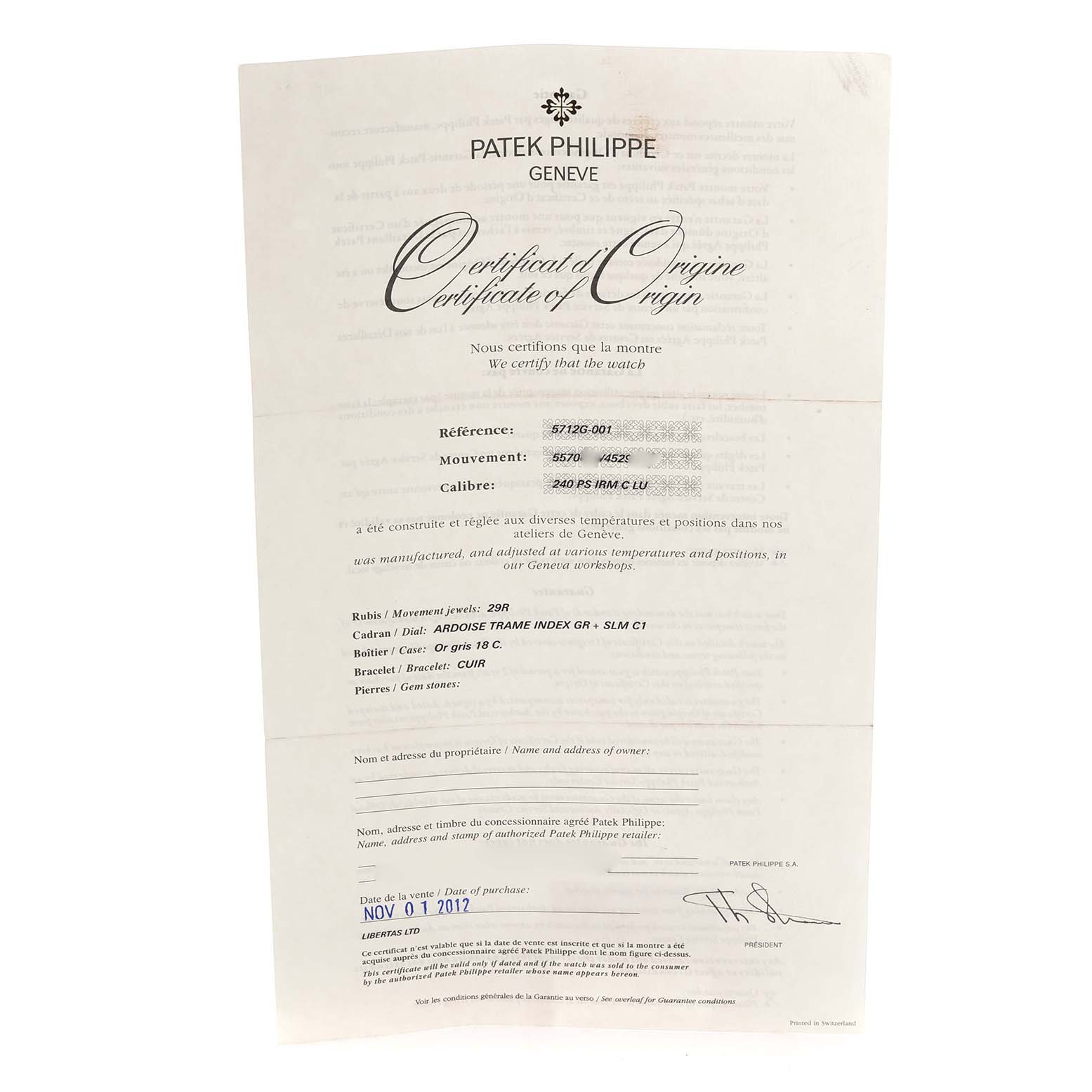 The image shows a Certificate of Origin for a Patek Philippe Nautilus 5712G Men
s White Gold Grey Dial watch, detailing its specifications and purchase date.