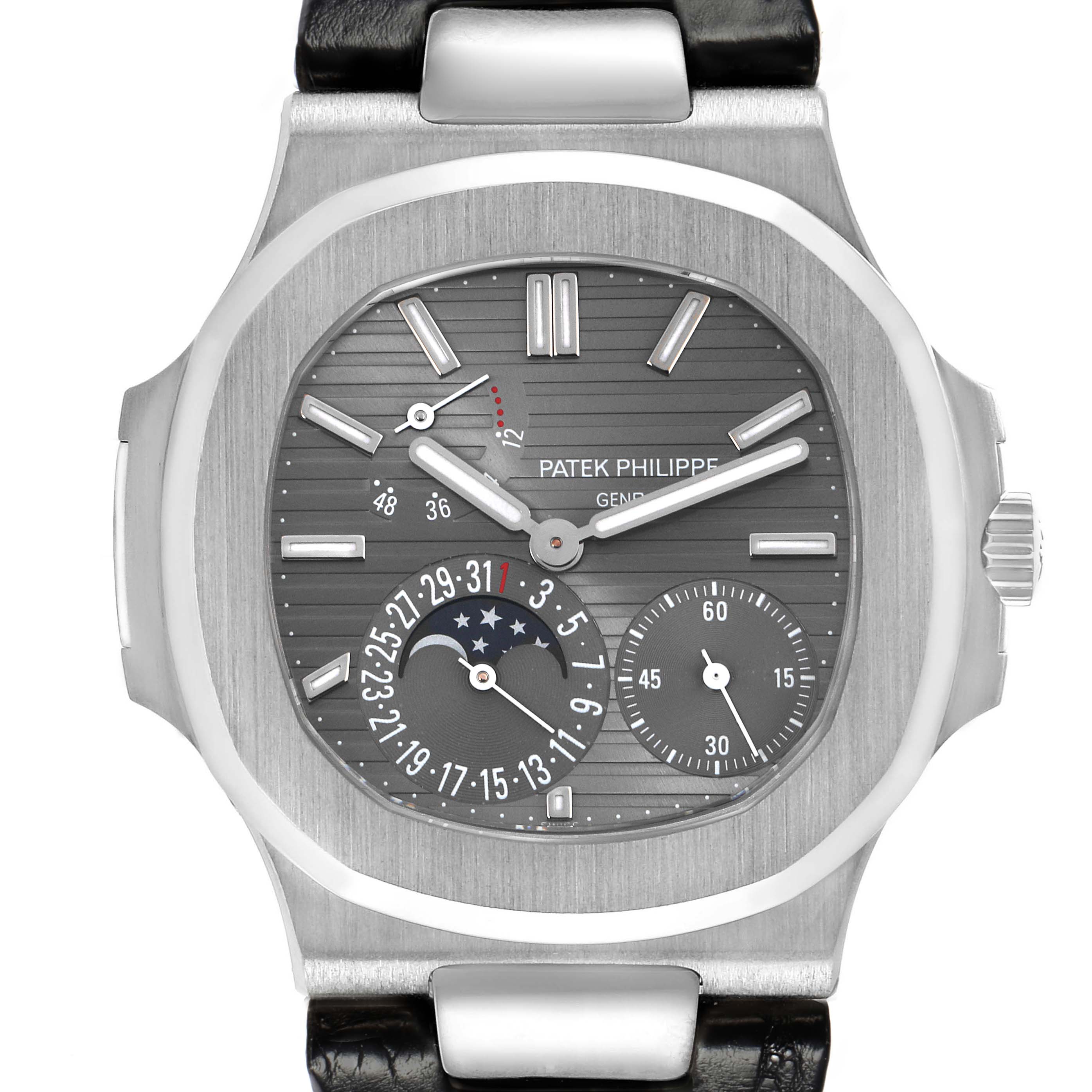 The Patek Philippe Nautilus 5712G Men
s White Gold Grey Dial watch is shown from a front angle, displaying the dial, subdials, and part of the strap and crown.