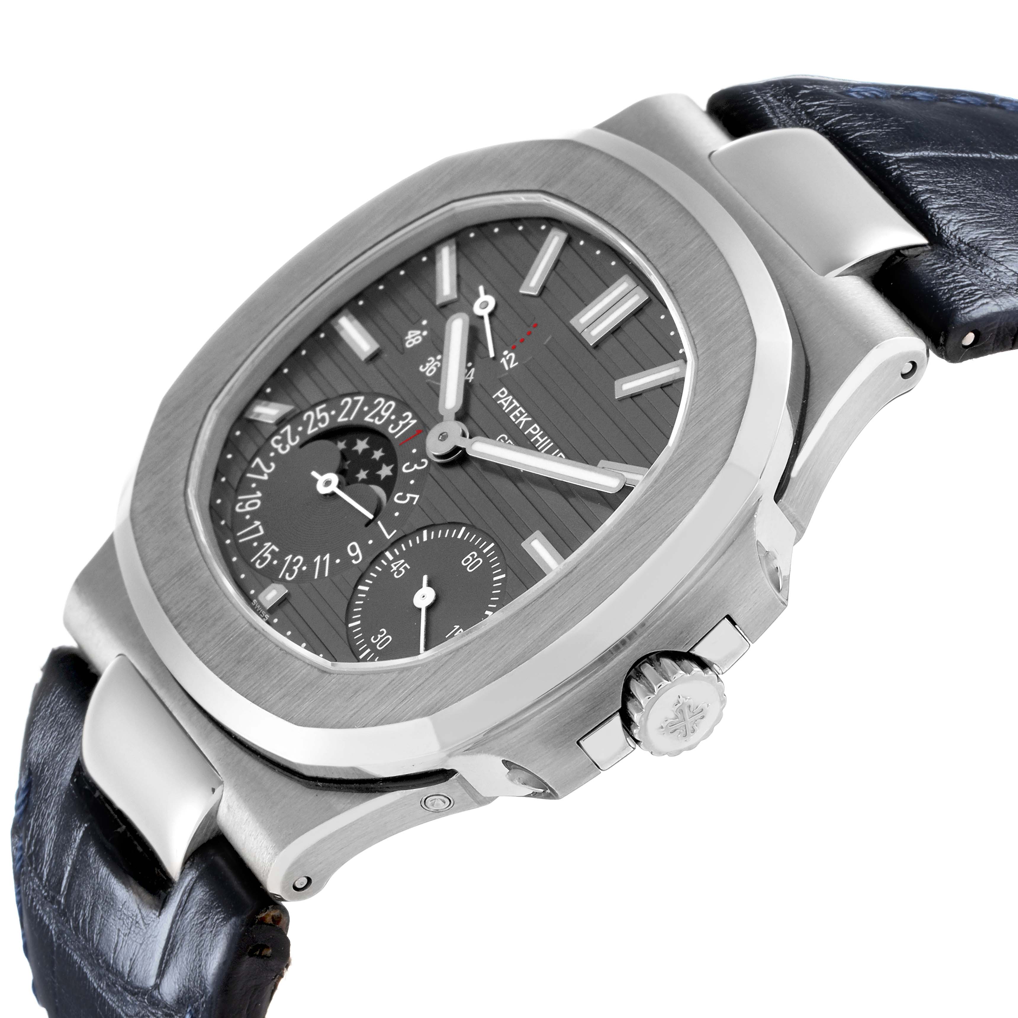 The Patek Philippe Nautilus 5712G Men's White Gold Grey Dial watch is shown from a side angle, highlighting its case, dial, crown, and strap connection.