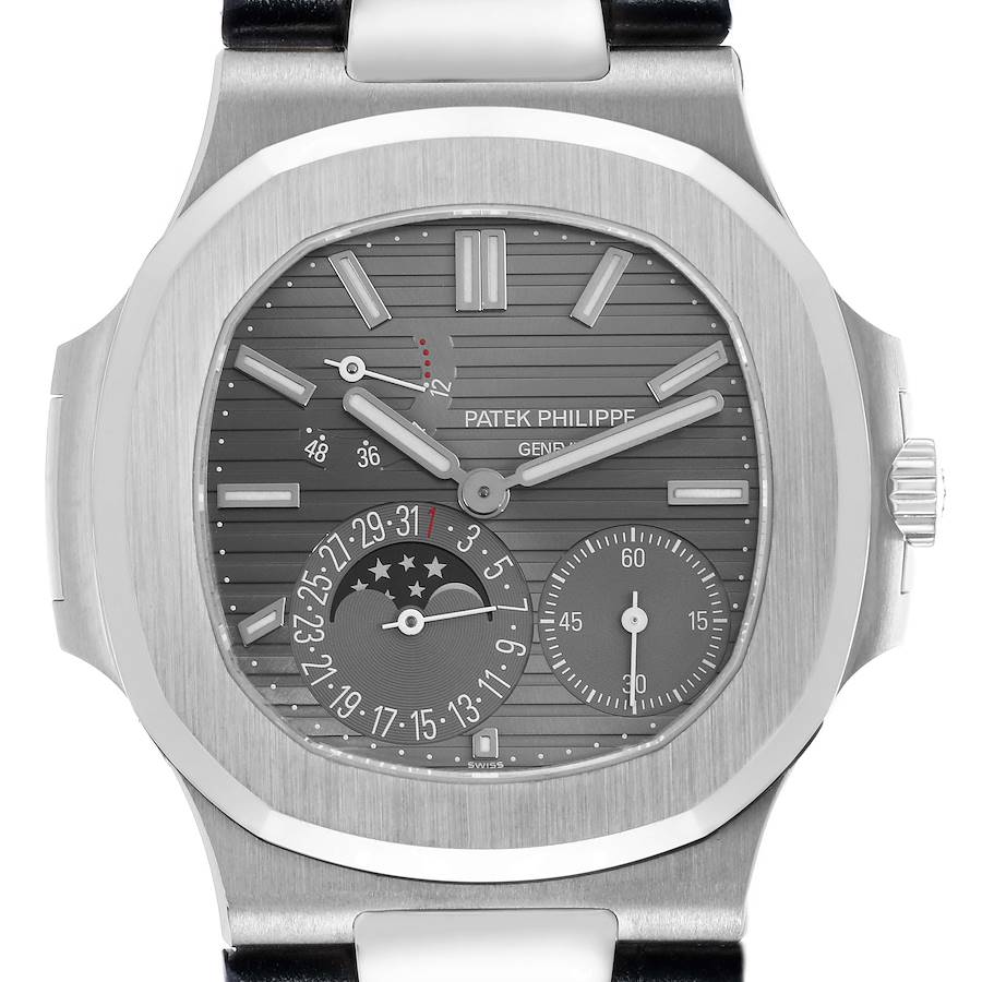 The image shows a front view of the Patek Philippe Nautilus 5712G men's watch, highlighting the dial, case, subdials, and crown.
