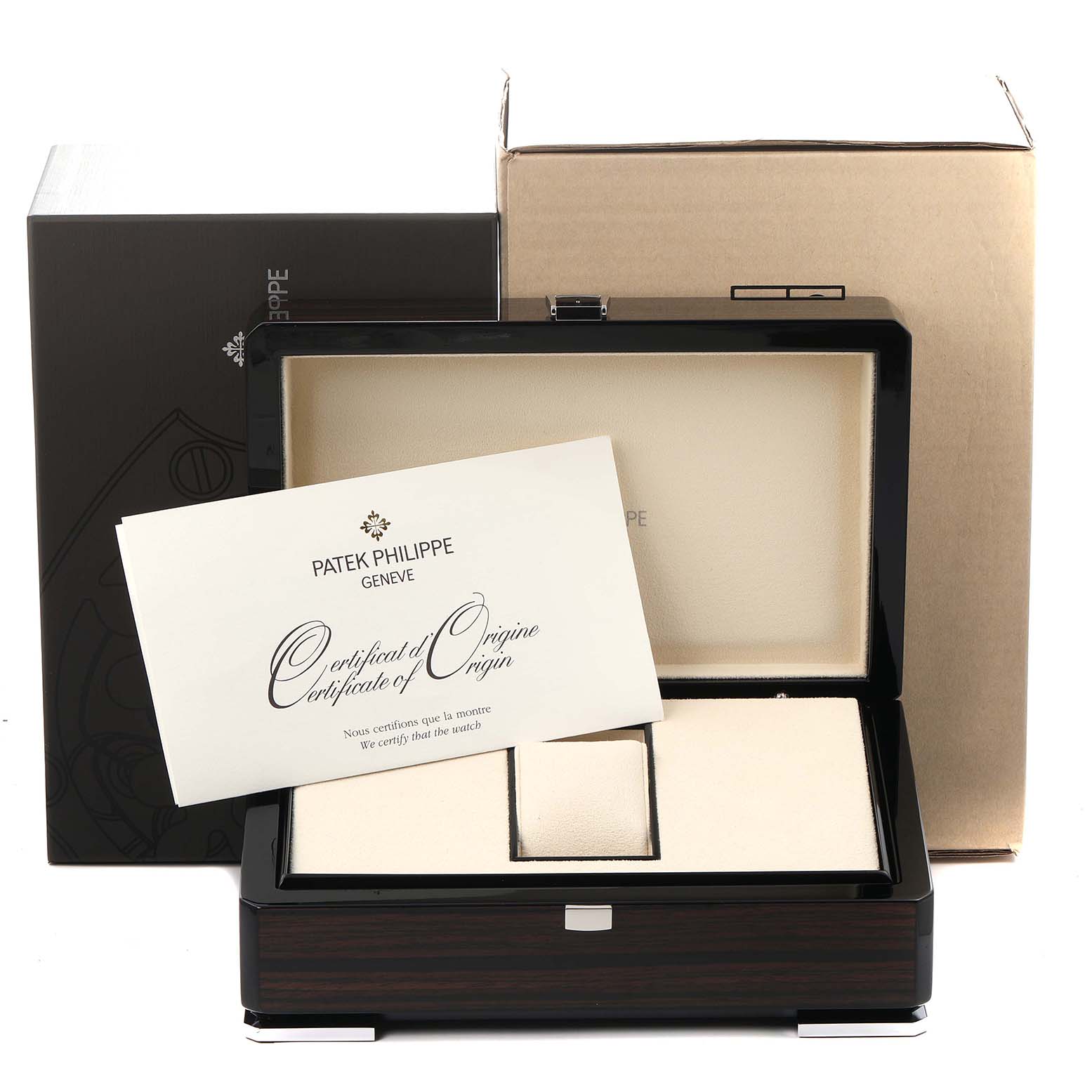 The image shows a Patek Philippe Nautilus 5712G Men's White Gold Grey Dial watch box, with a certificate and packaging displayed prominently.