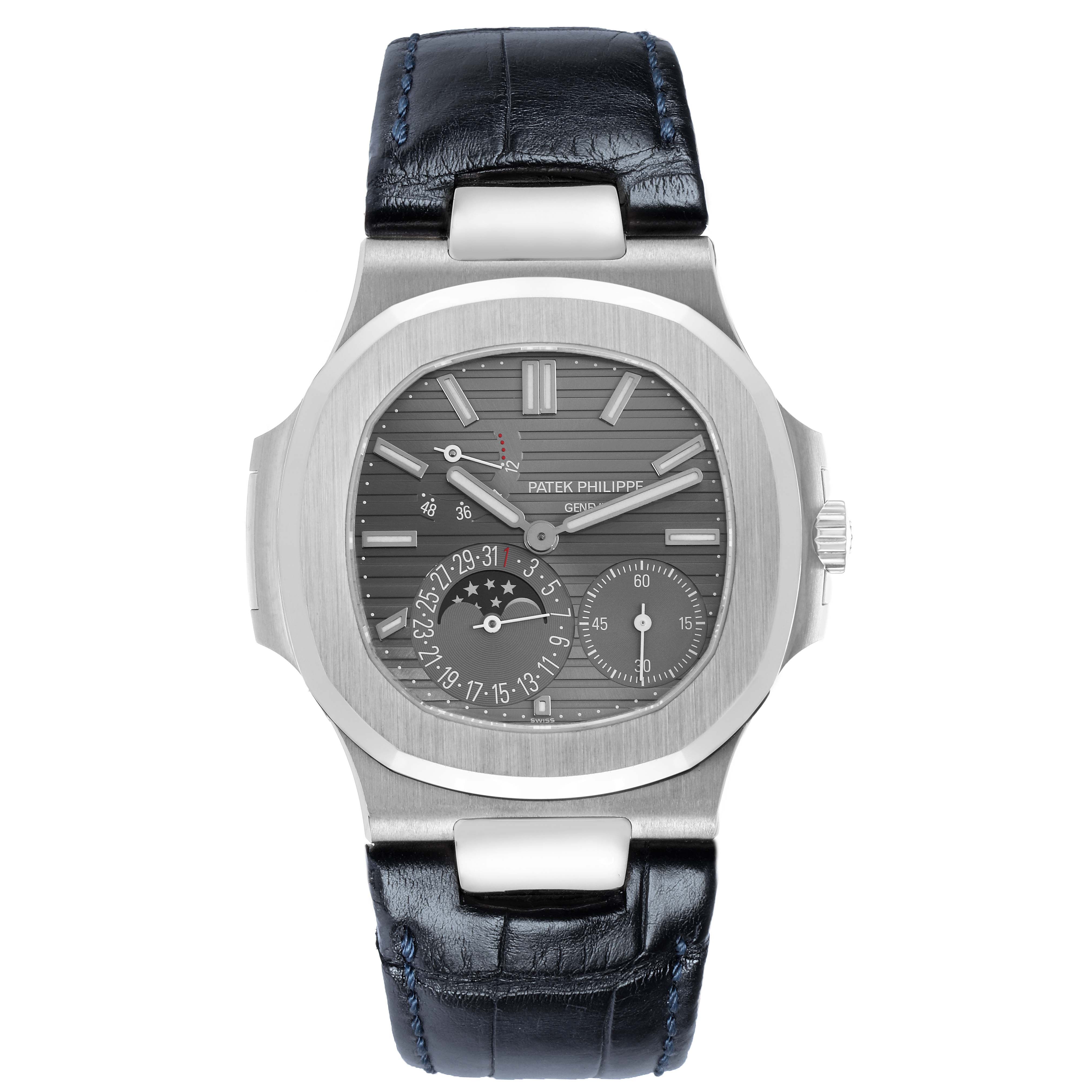 The Patek Philippe Nautilus 5712G Men's White Gold Grey Dial watch is shown from a front view, highlighting the dial, subdials, and leather strap.