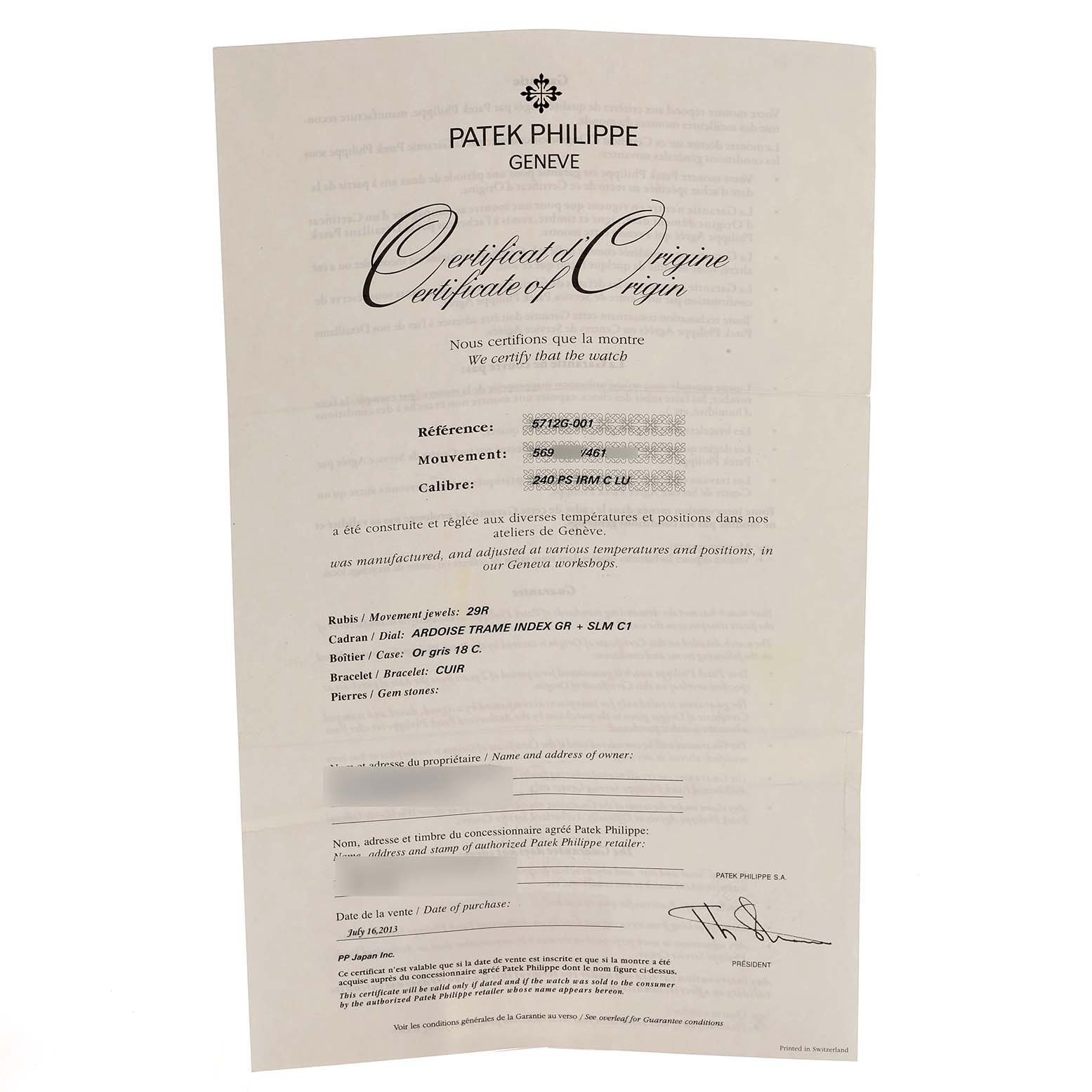 The image shows a certificate from Patek Philippe for the Nautilus model, detailing its specifications and details.