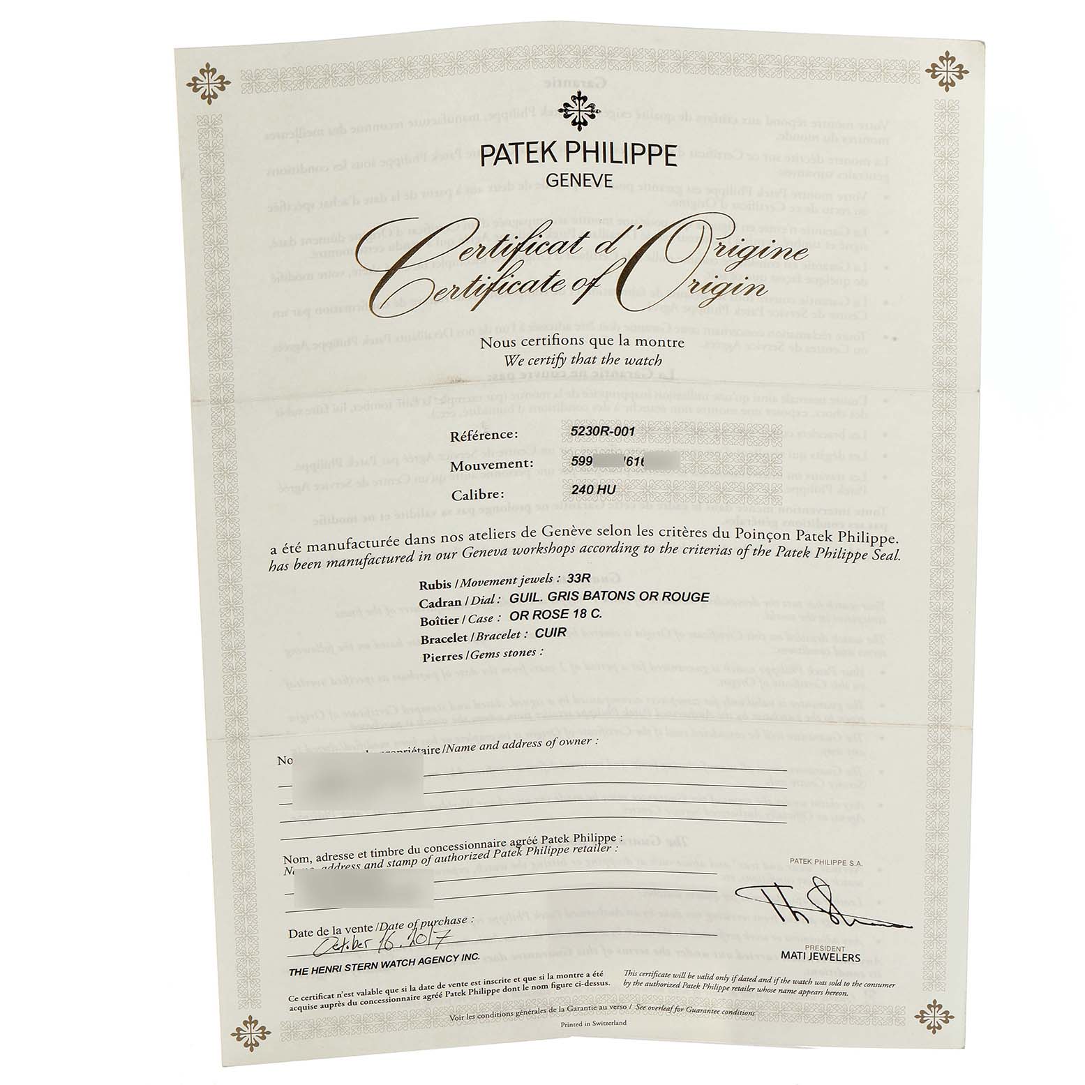 The image shows a certificate of origin for a Patek Philippe Complications 5230R-001 Men
s Rose Gold Grey Dial model, with model and movement details.