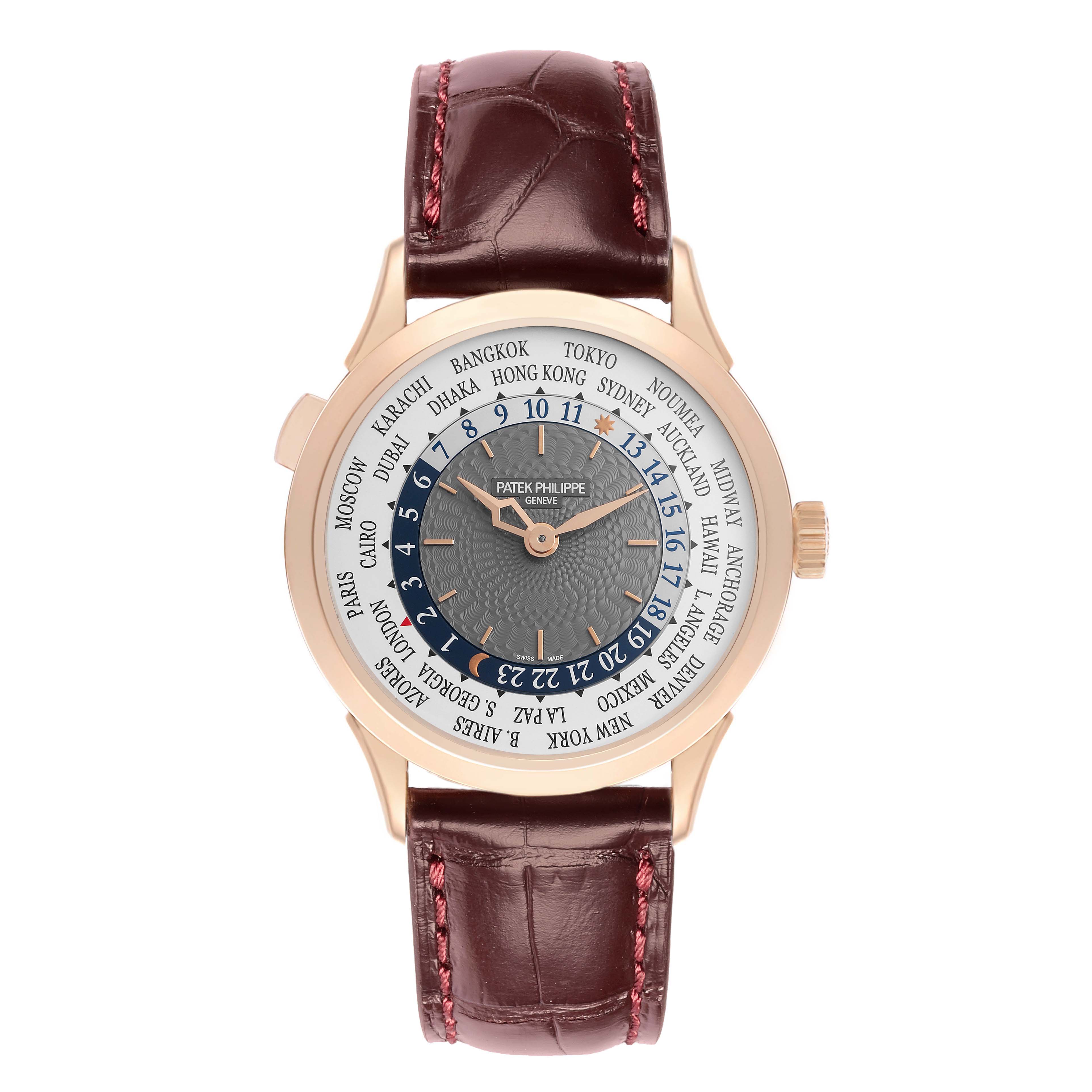 The Patek Philippe Complications 5230R-001 Men
s Rose Gold Grey Dial watch is shown from a top-down angle, displaying the face, bezel, and leather strap.