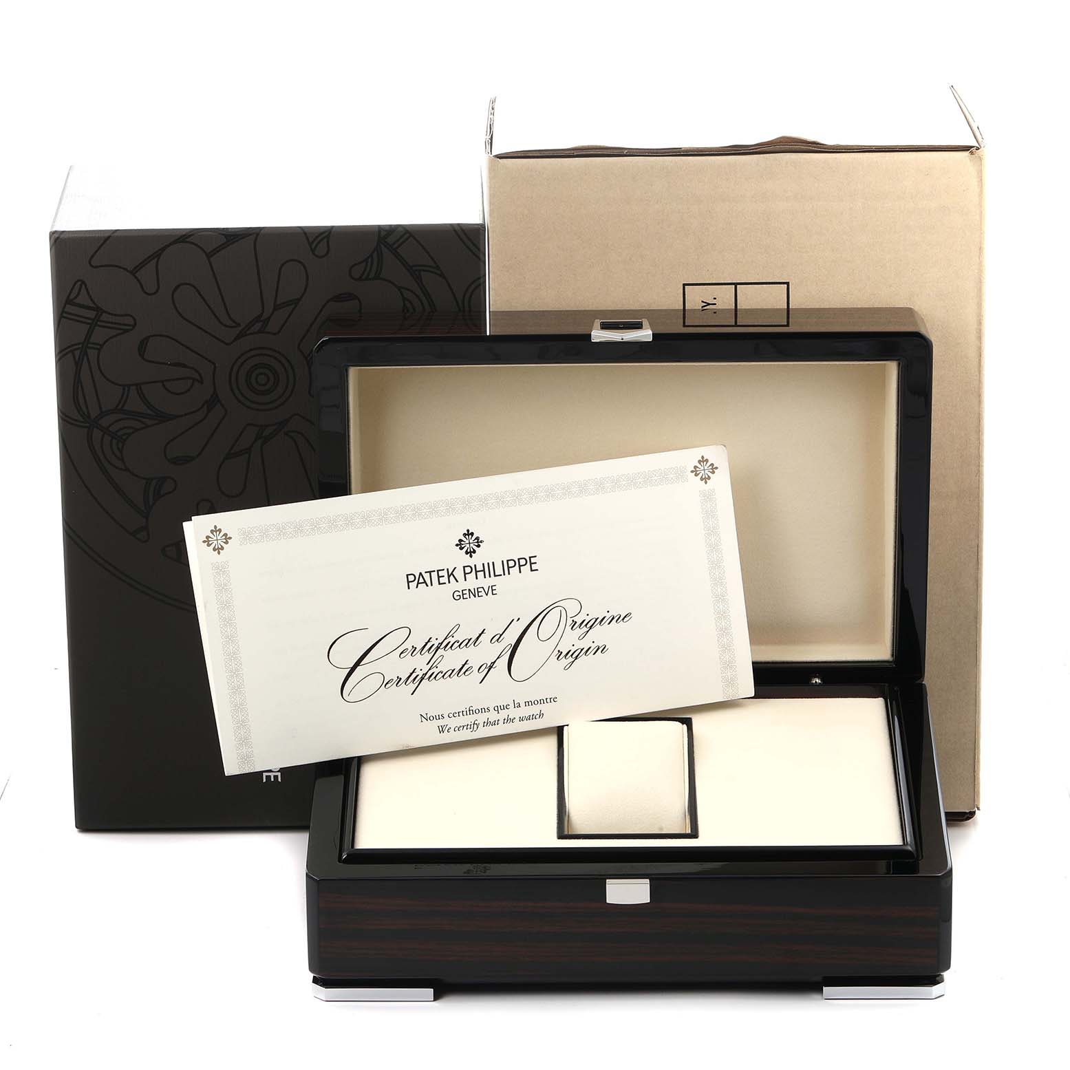 The image shows a Patek Philippe Complications 5230R-001 Men
s Rose Gold Grey Dial watch box open, including the Certificate of Origin, with packaging visible.