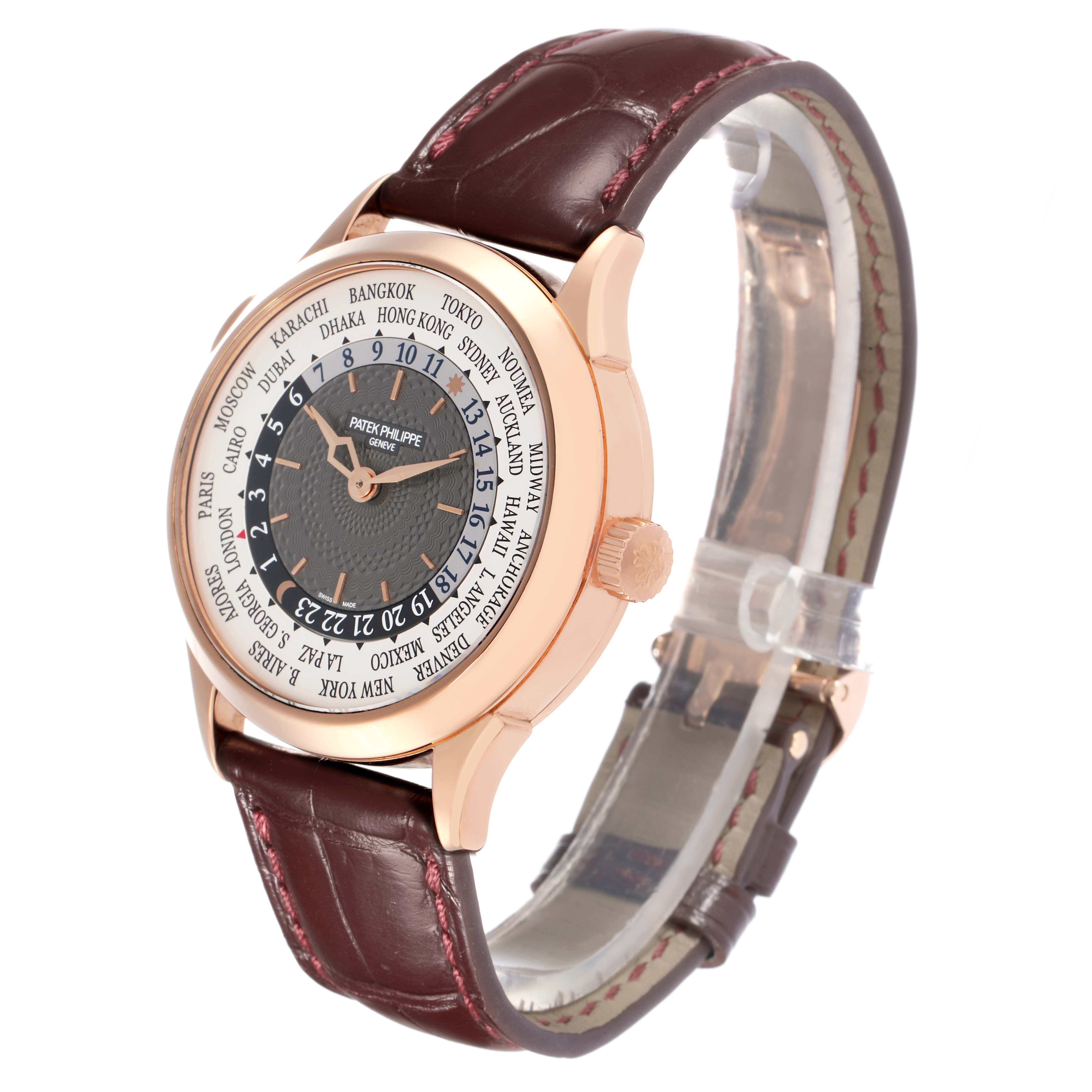 The Patek Philippe Complications 5230R-001 Men
s Rose Gold Grey Dial watch is shown at a three-quarter angle, highlighting the bezel, dial, crown, and leather strap.