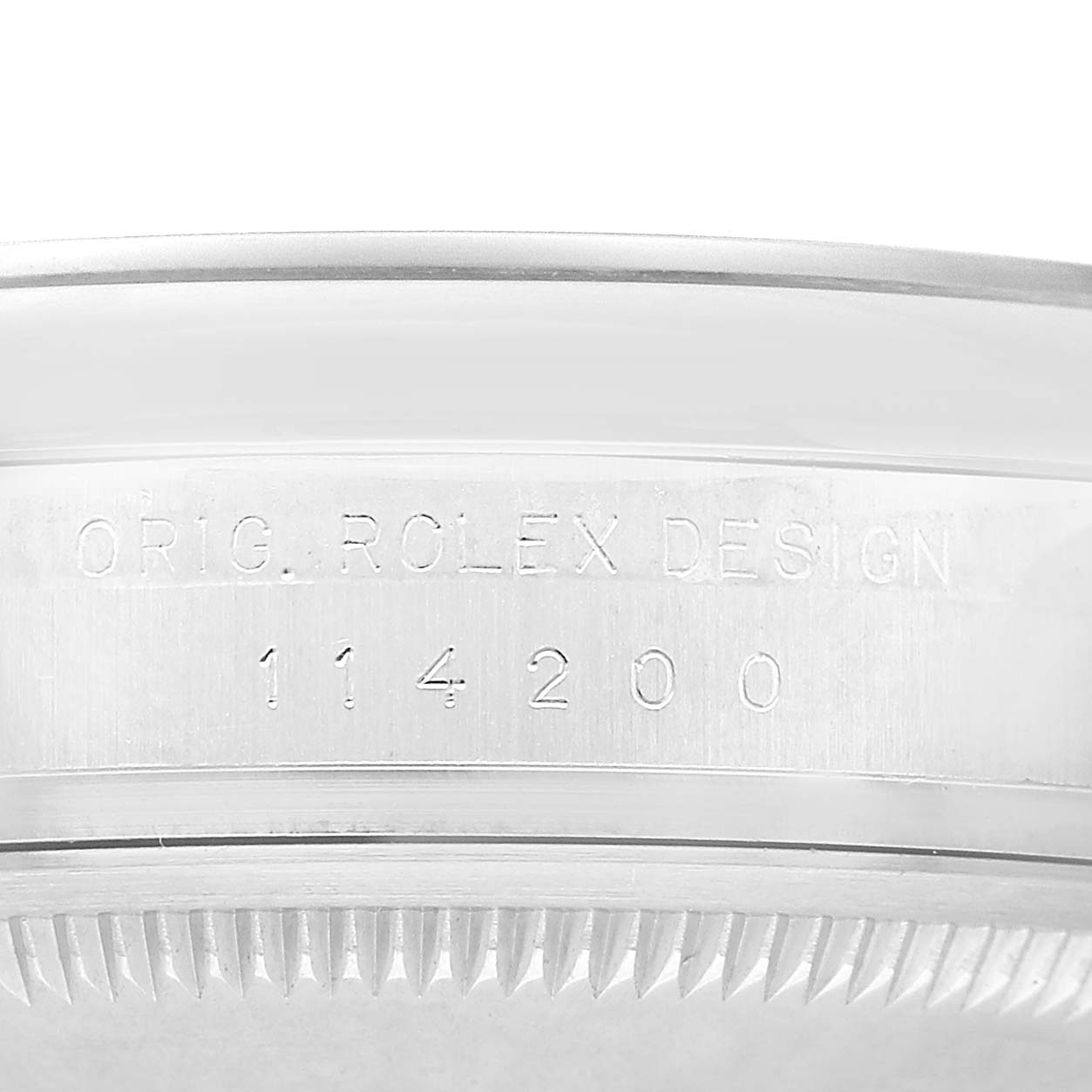 The image shows a close-up of the case side of a Rolex Air-King 114200 Men's Stainless Steel Blue Dial with engraved model number "114200."