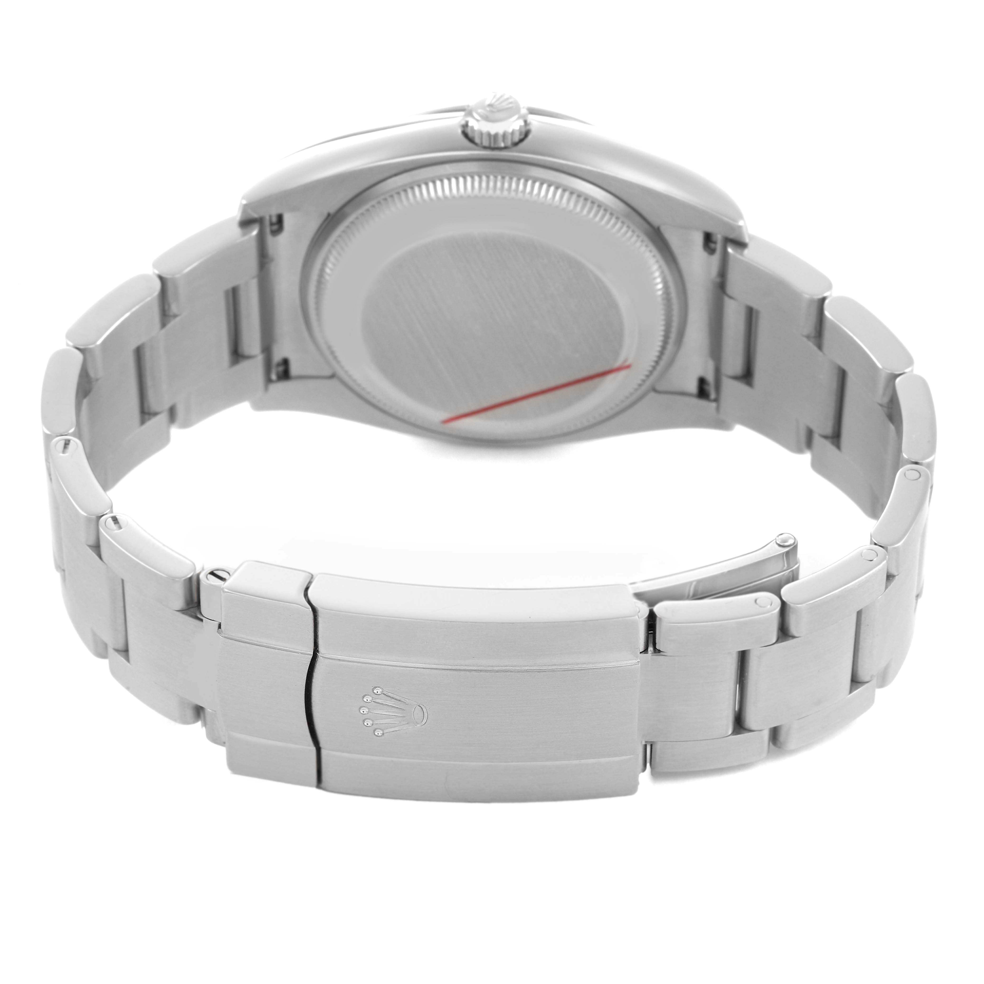 The image shows the back angle of a Rolex Air-King 114200 Men's Stainless Steel Blue Dial, highlighting the case back, crown, bracelet, and clasp with the Rolex logo.