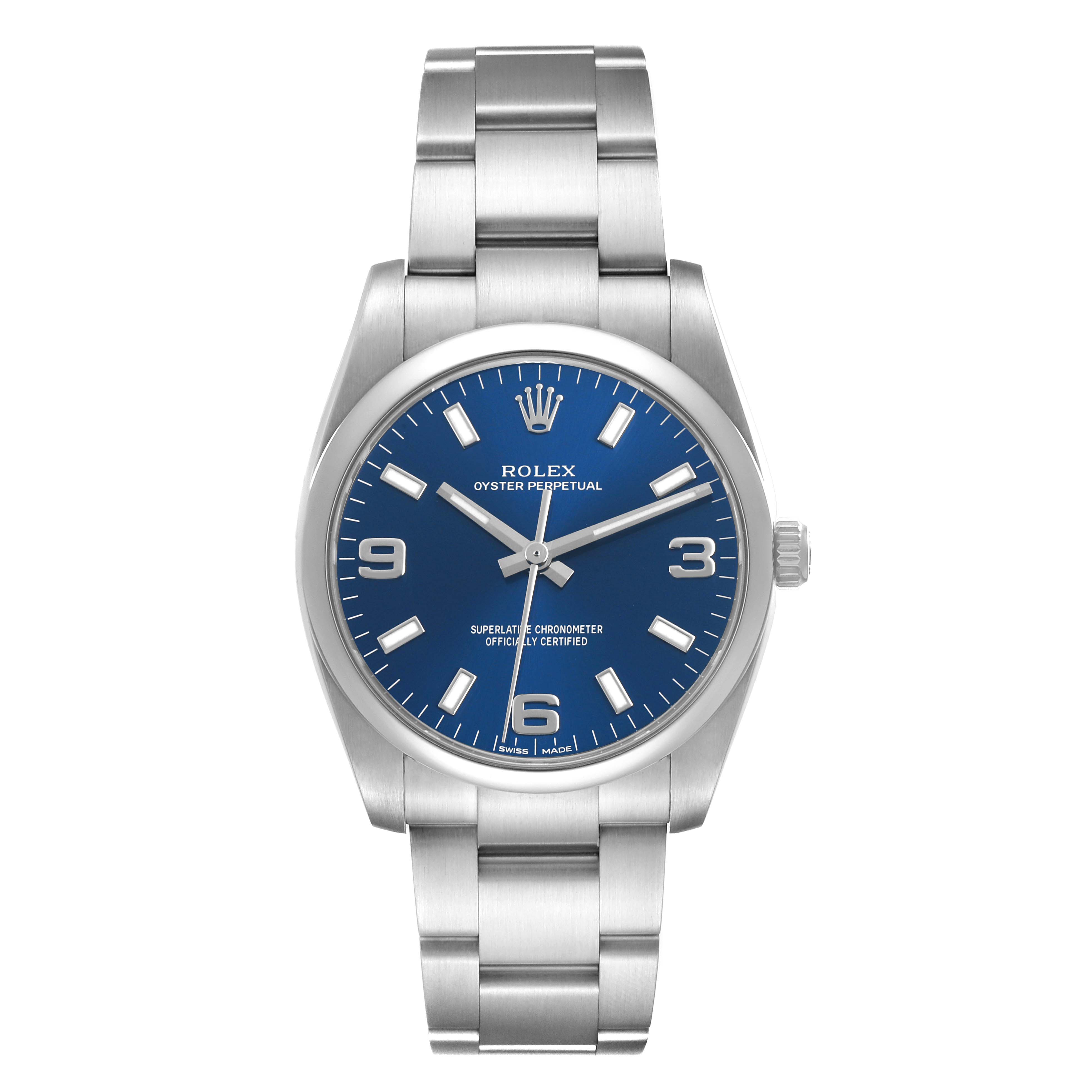 The Rolex Air-King 114200 Men's Stainless Steel Blue Dial watch is shown front-facing, displaying the dial, hands, bracelet, and crown.
