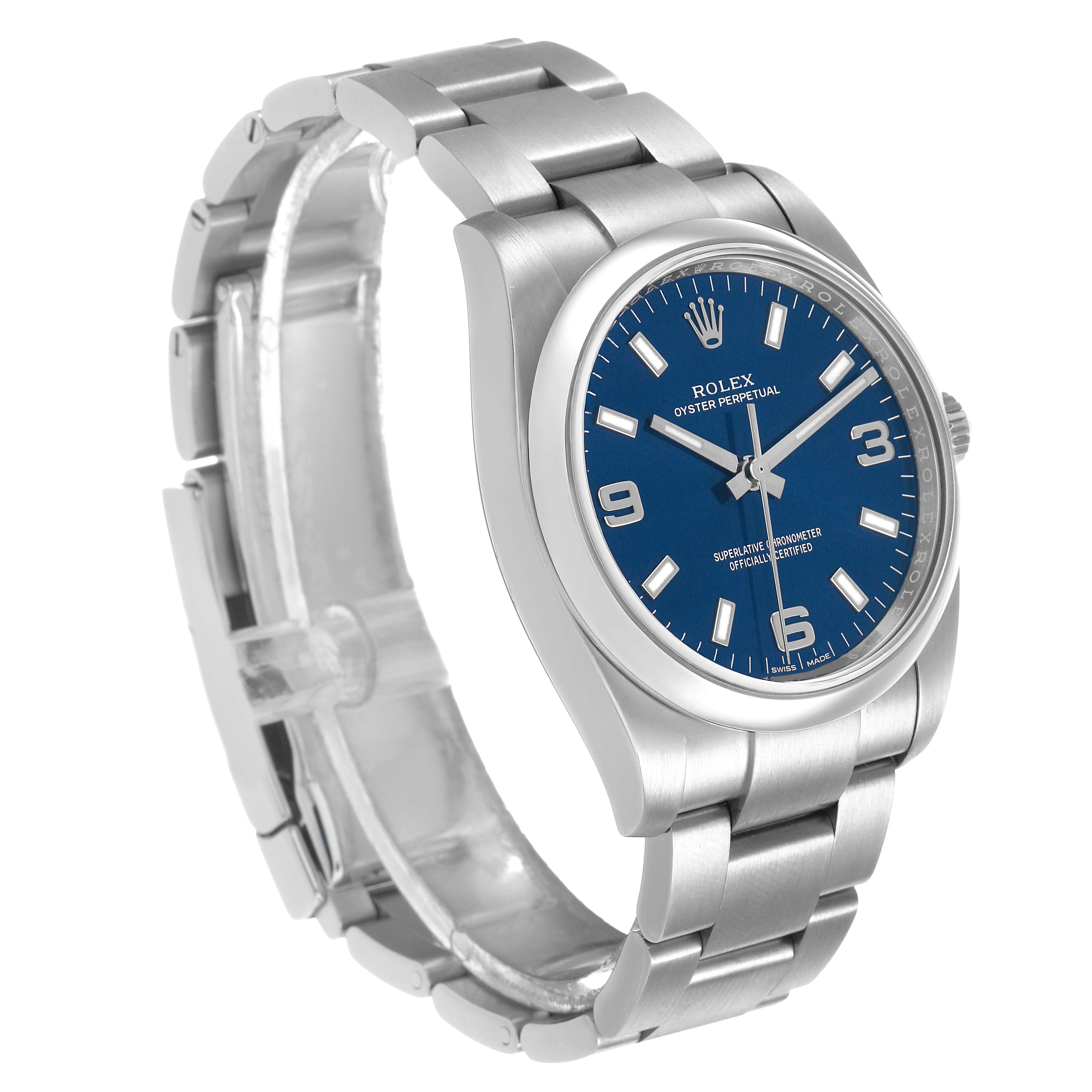 The Rolex Air-King 114200 Men's Stainless Steel Blue Dial watch is shown at a slight angle, displaying its face, bezel, crown, and full bracelet.