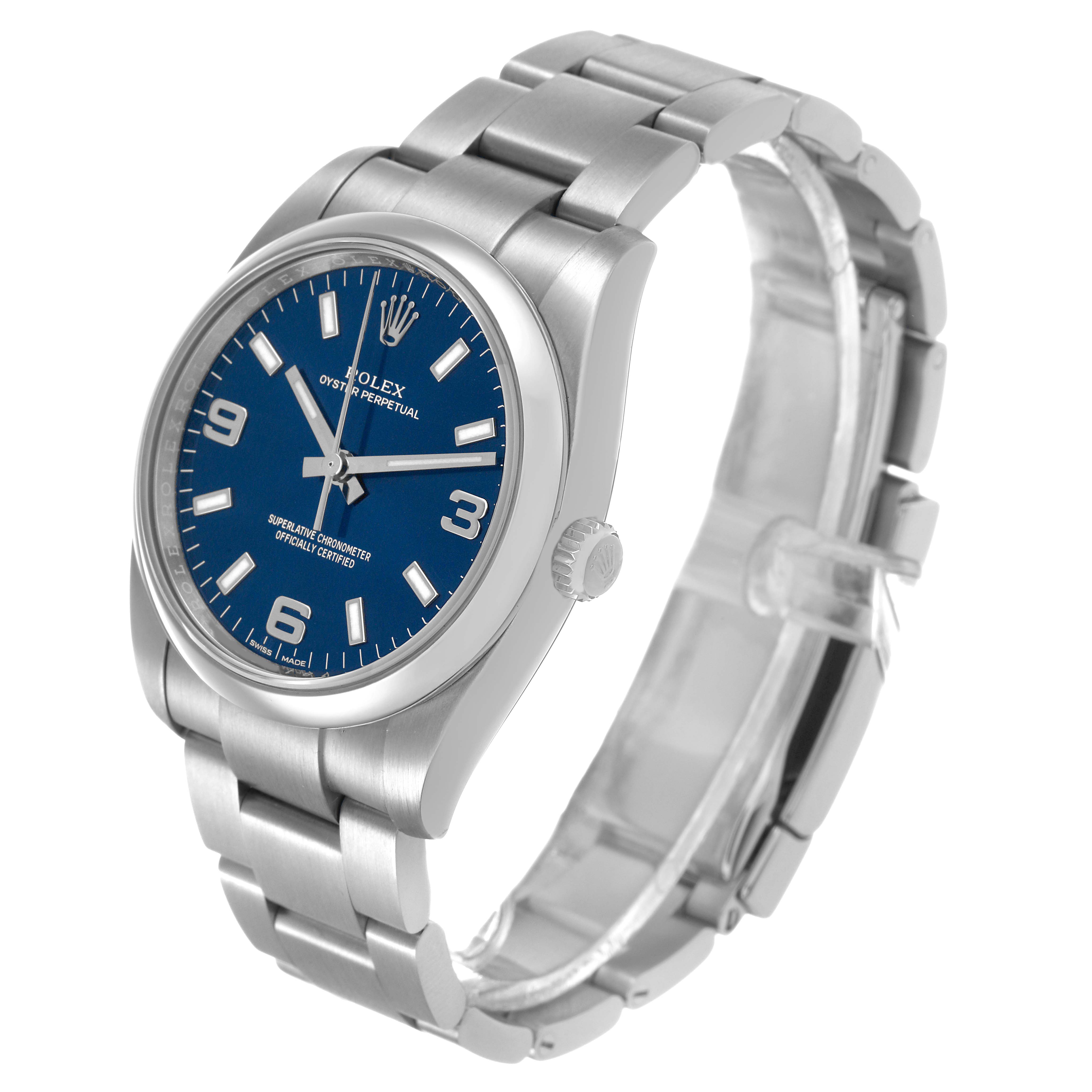 The Rolex Air-King 114200 Men's Stainless Steel Blue Dial watch is shown at an angled side view, displaying the face, bracelet, and crown.