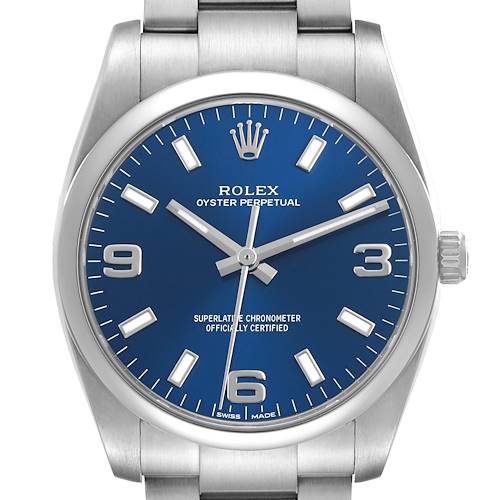The Rolex Air-King 114200 Men's Stainless Steel Blue Dial watch is shown from a front angle, highlighting the blue dial, hour markers, hands, and part of the bracelet.