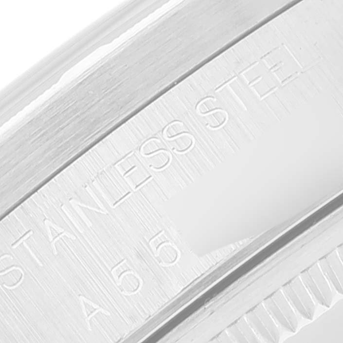 This image shows a close-up angle of the stainless steel case back of a Rolex Air-King 14010 Men's Stainless Steel Blue Dial 14010 Men's Stainless Steel Blue Dial watch.